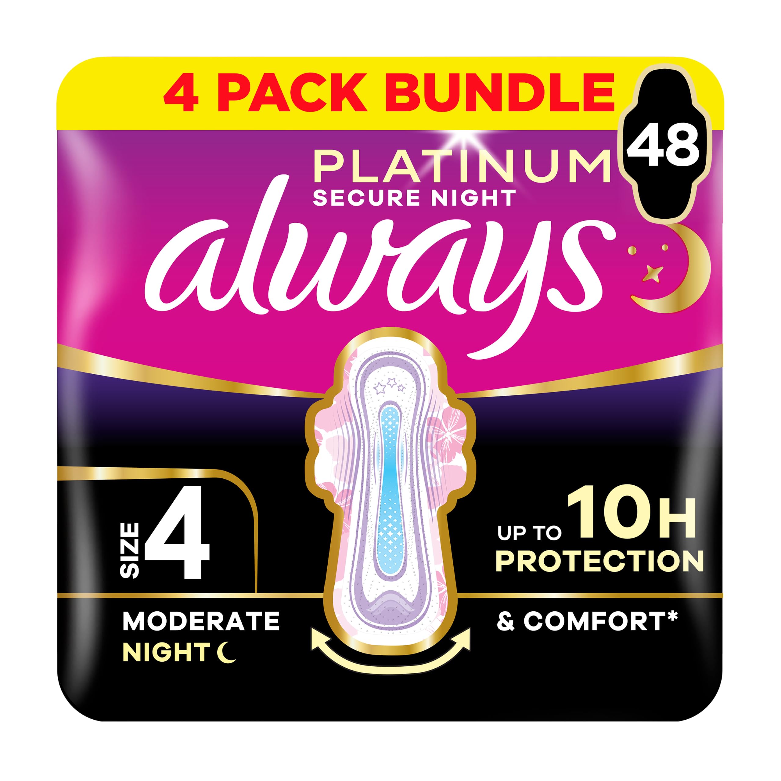 Always Platinum Size 4 Sanitary Pads With Wings Secure Night 12 Pack