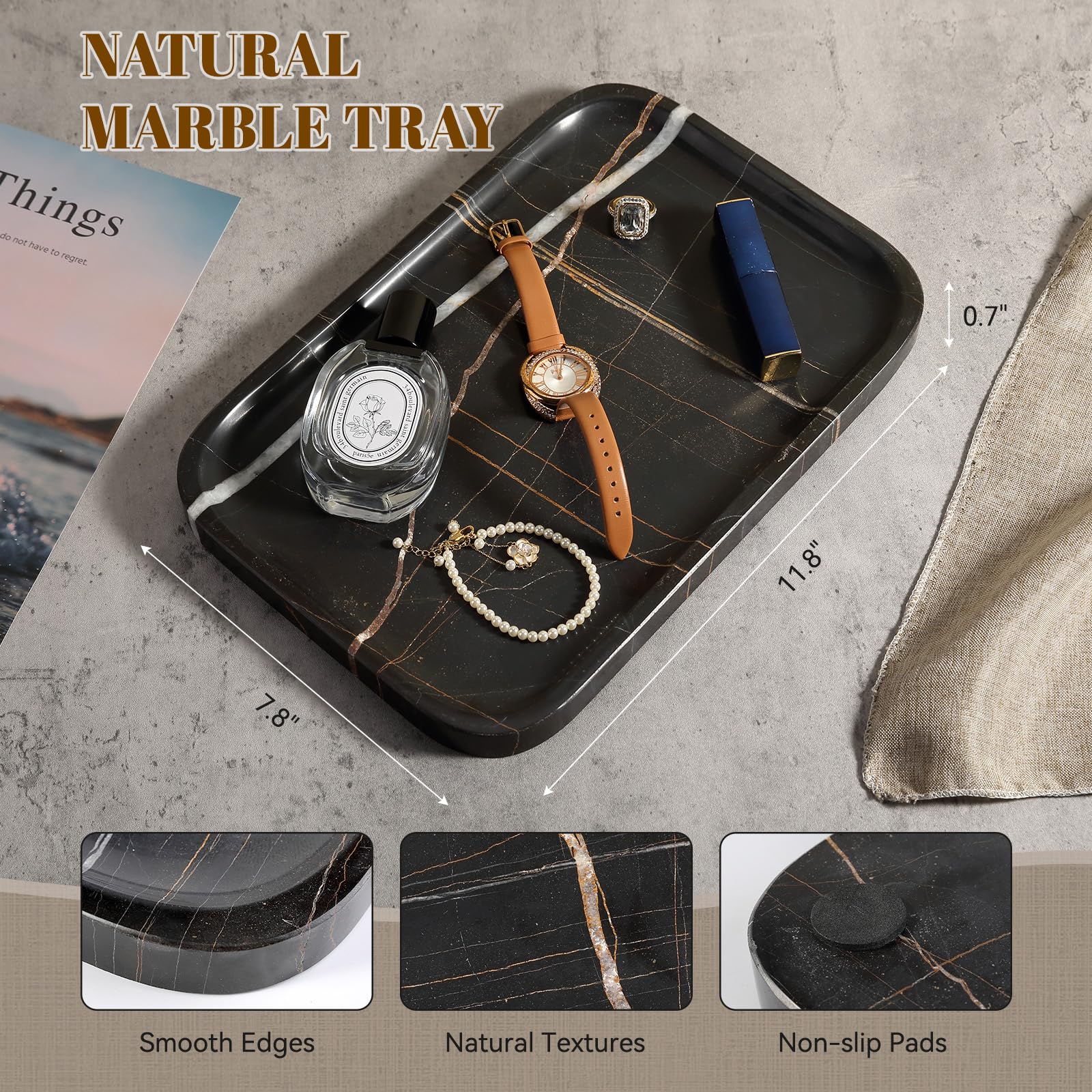 Koville Vassoio in marmo, 30,5 x 20,3 cm, organizer in marmo per piano di lavoro, bagno, cucina, comò, piatto decorativo rettangolare per gioielli, cosmetici, profumi, gingilli (nero)