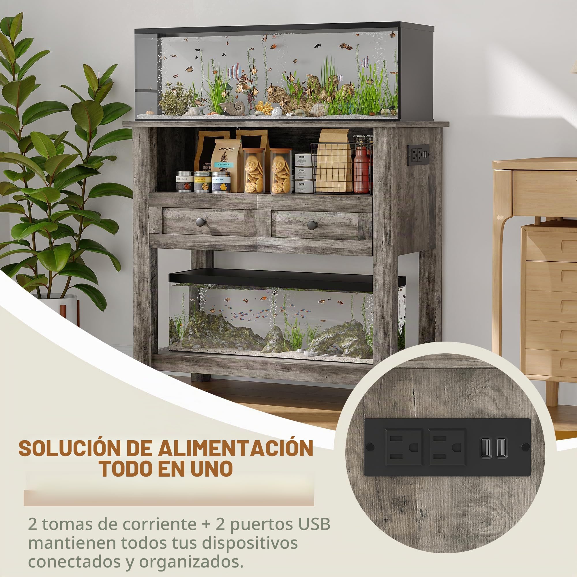 Mueble para acuario 20-29 galones con estación de recarga - Soporte robusto 300kg - Cajones y estantes abiertos - Soporte para sala de estar - Color gris