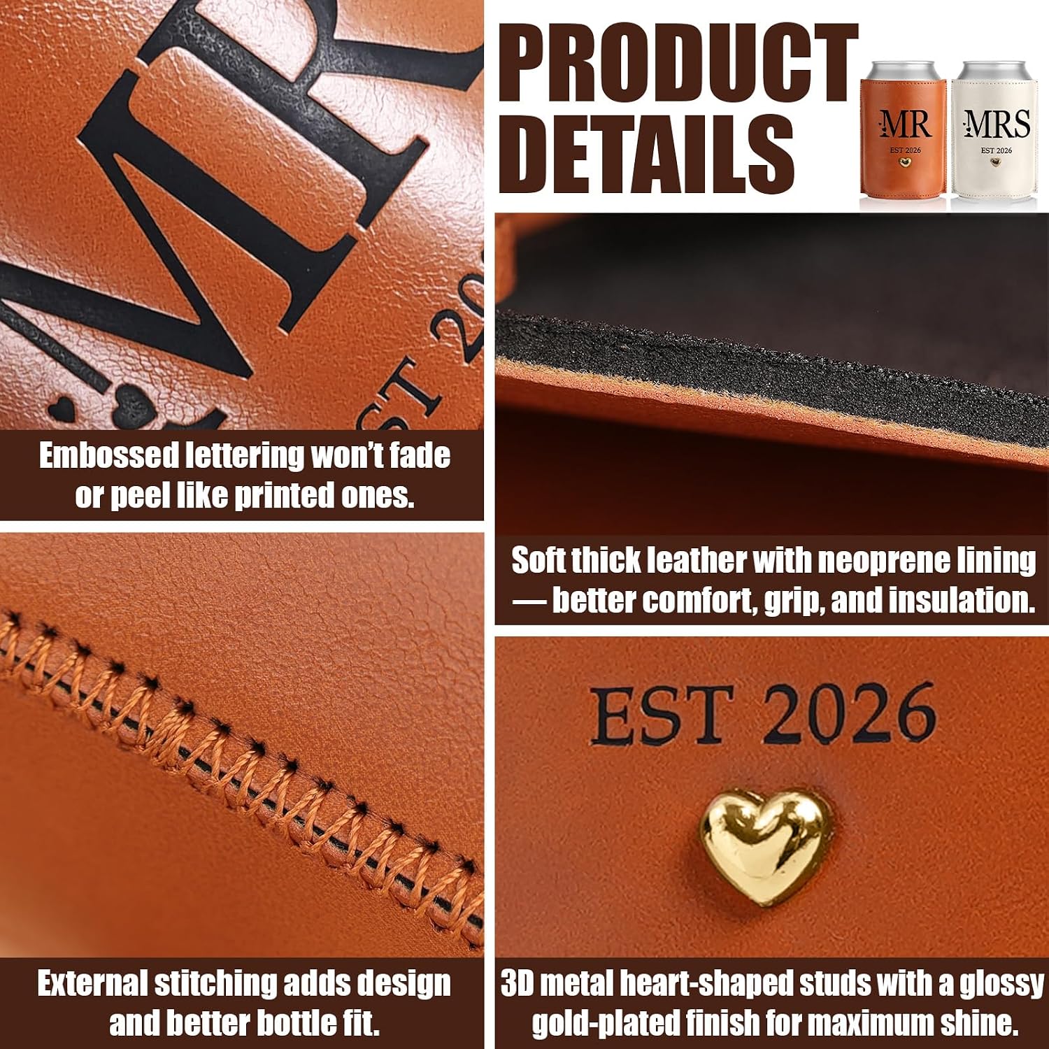Mr & Mrs Leather Can Coolers Set of 2 - Wedding Gifts for Couples 2026, Engagement Gifts for Newly Engaged, Bridal Shower Favors for Bride to Be, Bachelorette Party, Newlywed Presents