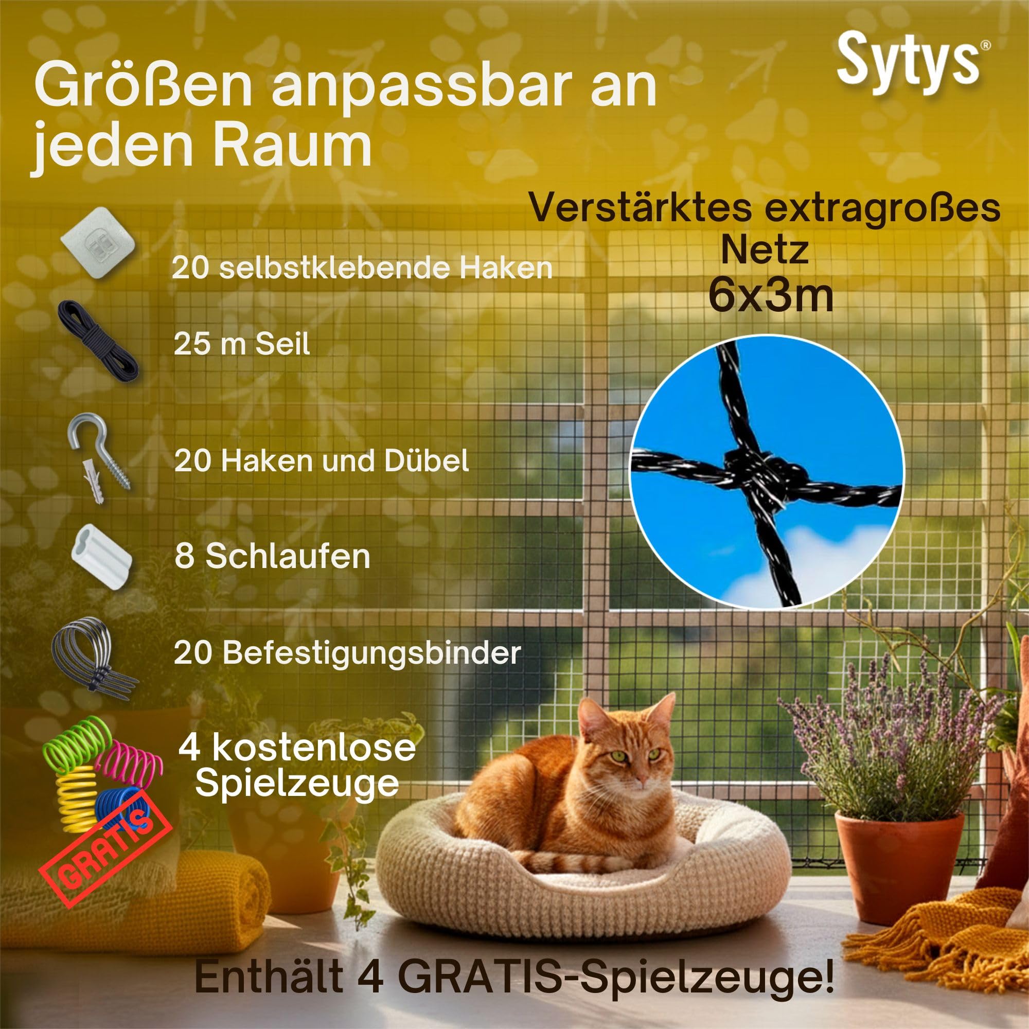 Katzennetz für Balkon | 6x3m | DRAHTVERSTÄRKT AUS Stahl | Geeignet für Feste UND SCHIEBBARE Montage | katzennetz für Balkon | Katzennetz Fenster | Schutznetz für Katzen | Schutznetz für Vögel