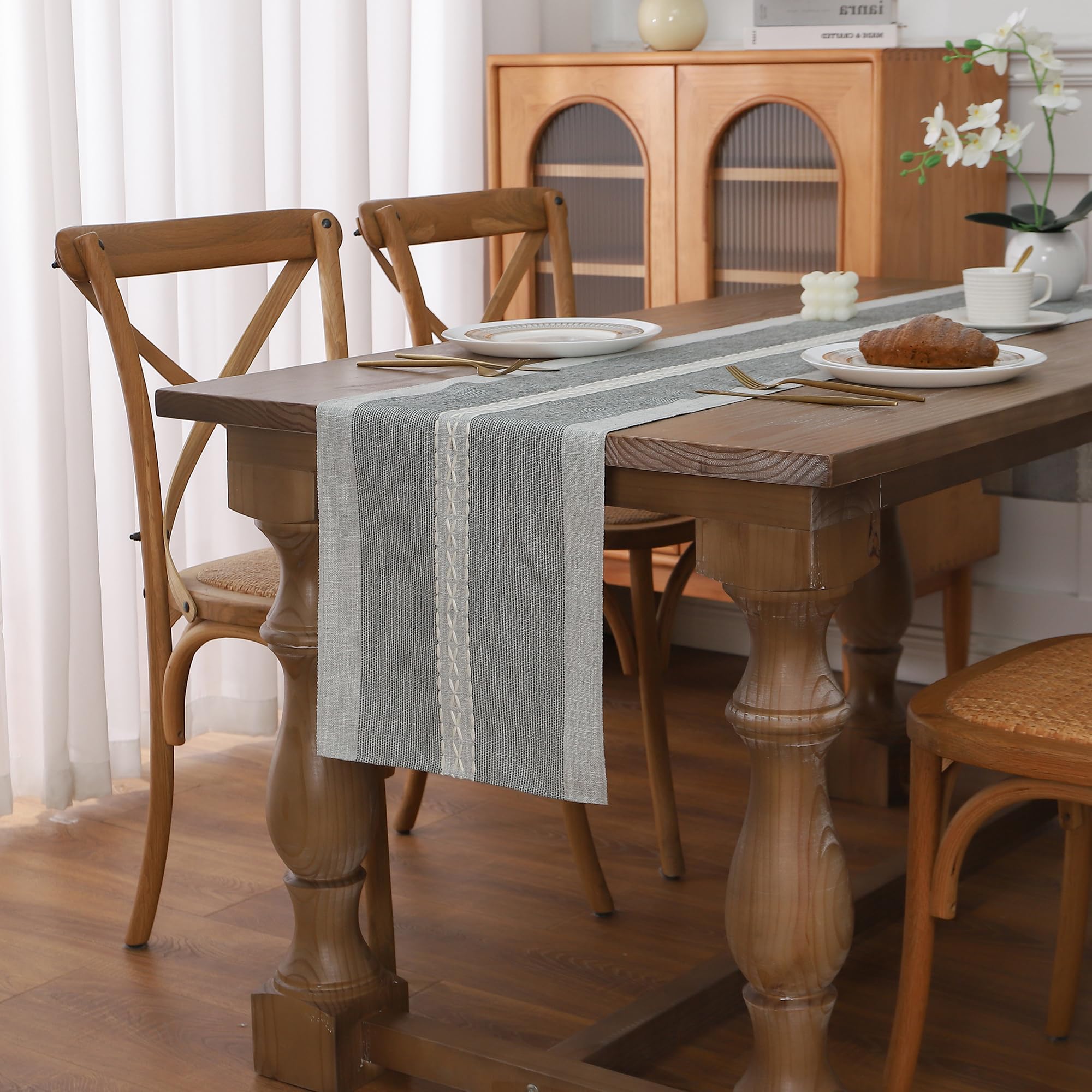 Gernaice Boho Table Runner, Rustic Cotton Linen Farmhouse Table Runners for Holiday Wedding Dining Living Room Bedroom Home Decor, 108" L X 13" W Grey