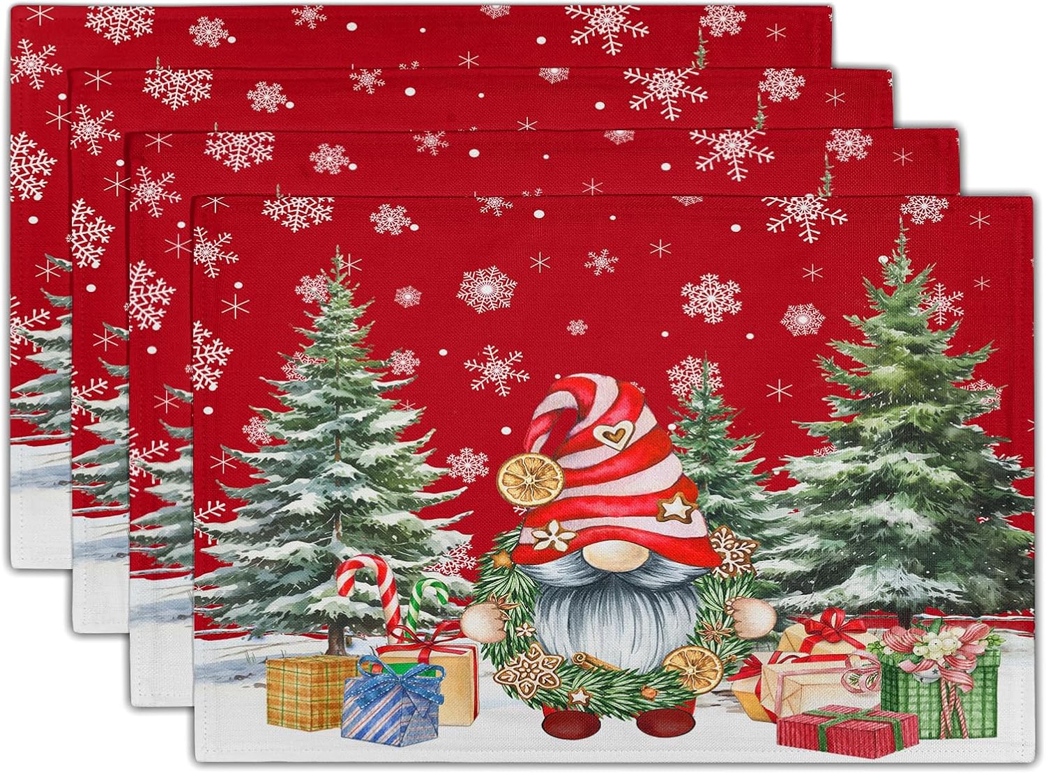 Merry Christmas Gnome Placemats Set of 4, Christmas Gnome Table Mats 12 X 18 Inch