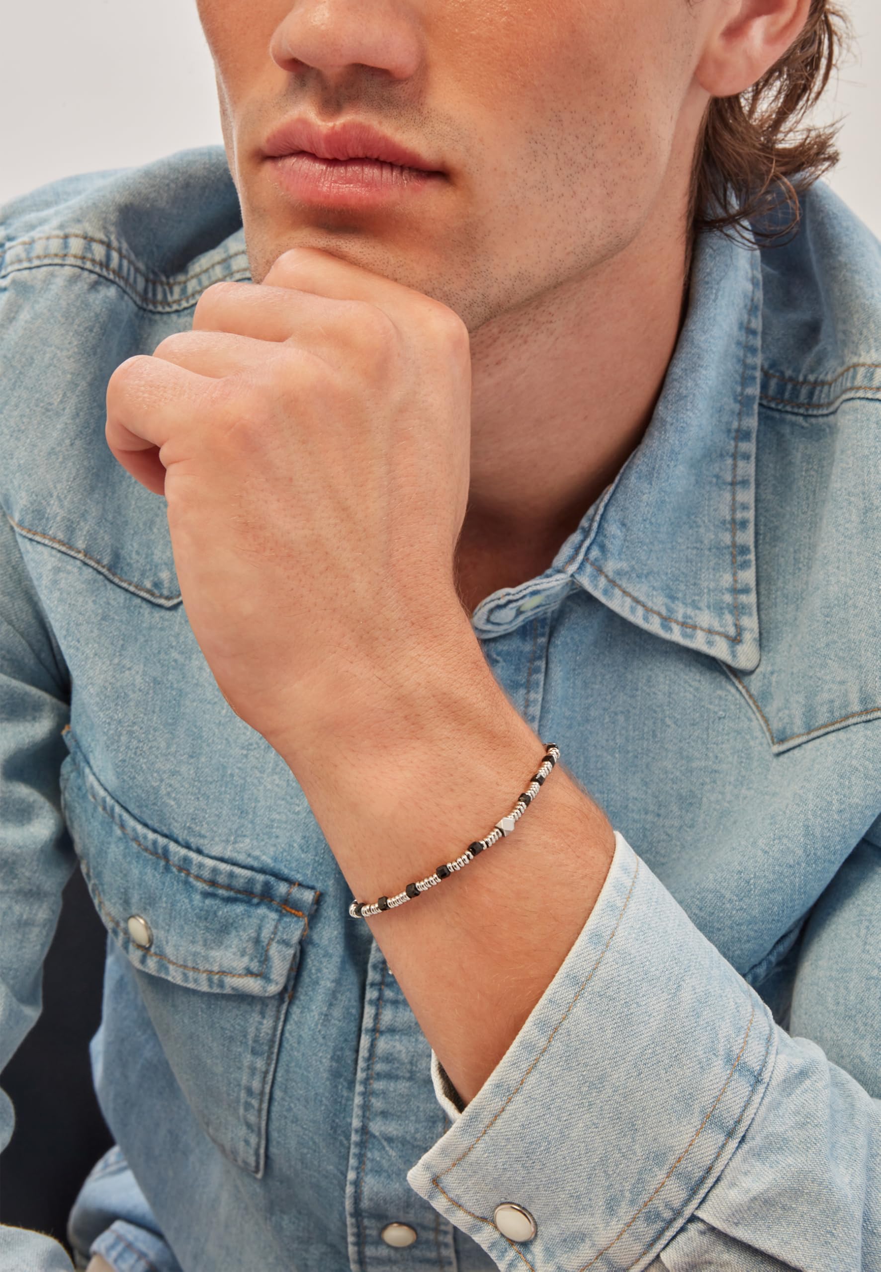 Breil, Collezione Priam, Bracciale Uomo in Acciaio con Dischi in Acciaio ed Elementi in Gemme, Chiusura a Moschettone, Lunghezza Regolabile 17-22 cm, Idea Regalo Uomo