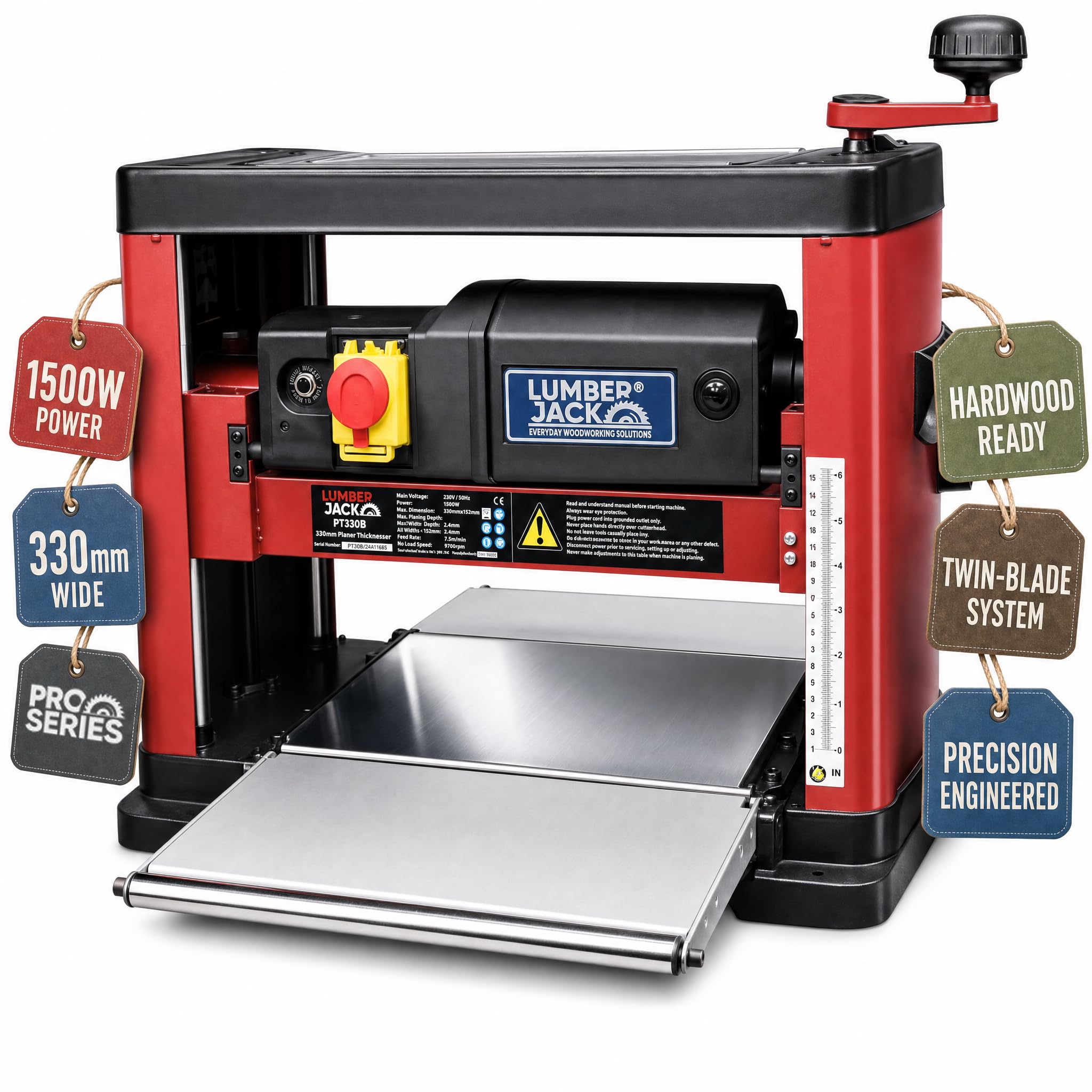 Lumber Jack Red Lumberjack Planer Thicknesser Woodworking, Electric Wood Thickness Planer, 330Mm Bench Top Portable Thicknesser Machine, 240V,