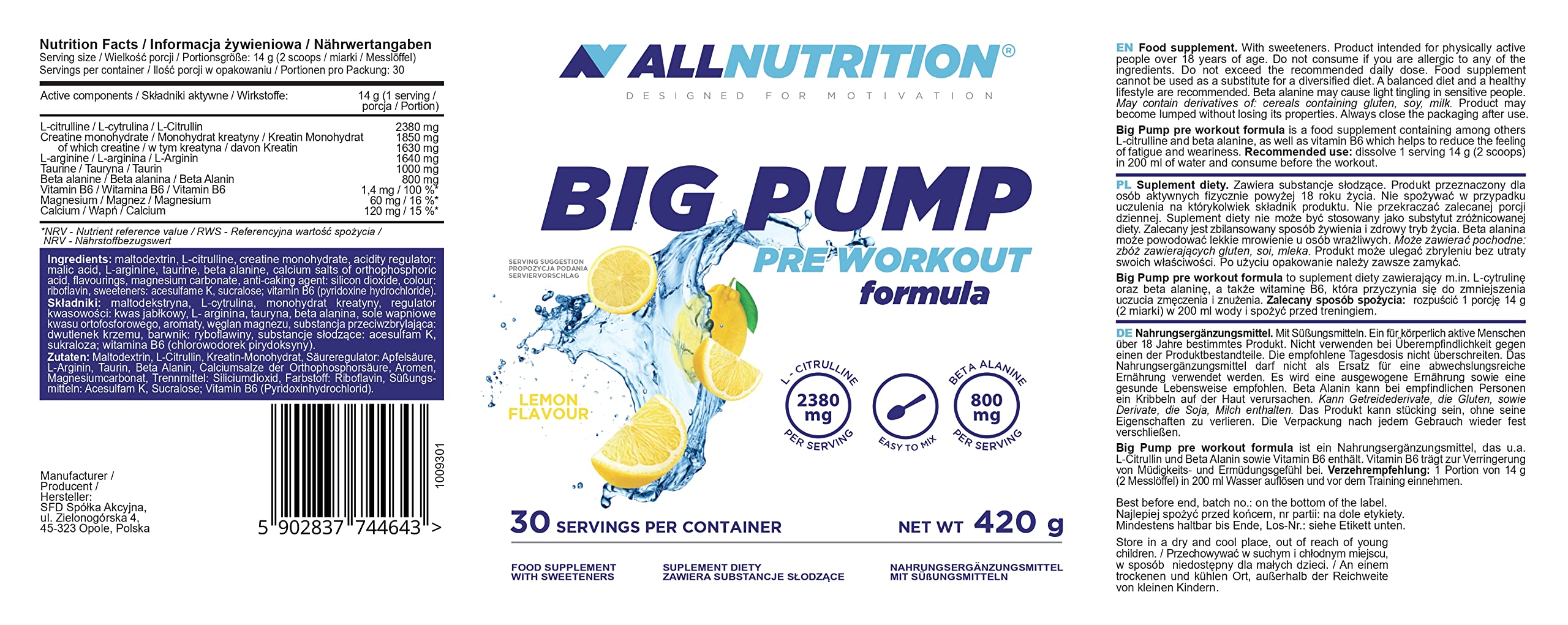 ALLNUTRITION Big Pump Odżywka dla Sportowców w Proszku - Przedtreningówka - Suplement z L-Cytruliną, L-Argininą, Tauryną, Beta Alaniną - Bez Stymulantów - 420g - Cytryna