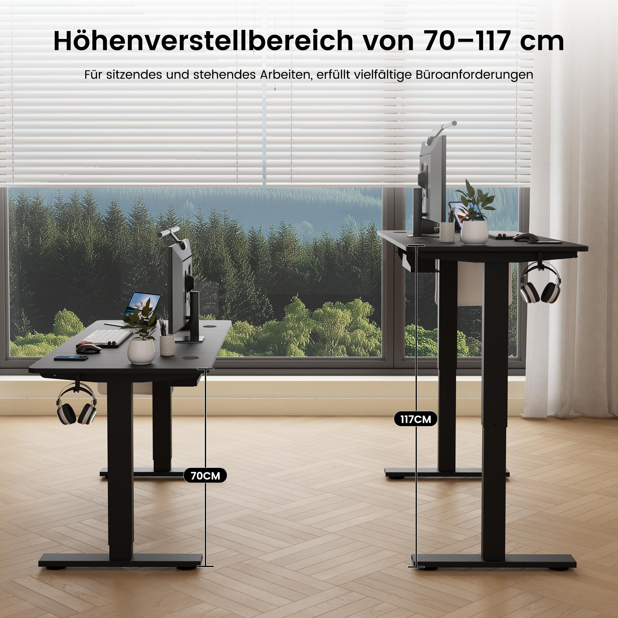Höhenverstellbarer Schreibtisch 60x110cm,Elektrischer Schreibtisch mit Memory- und Anti-Kollisionsfunktion,Höhenverstellbar 70–117 cm, Ideal für Büro, Homeoffice und Gaming(Schwarz)