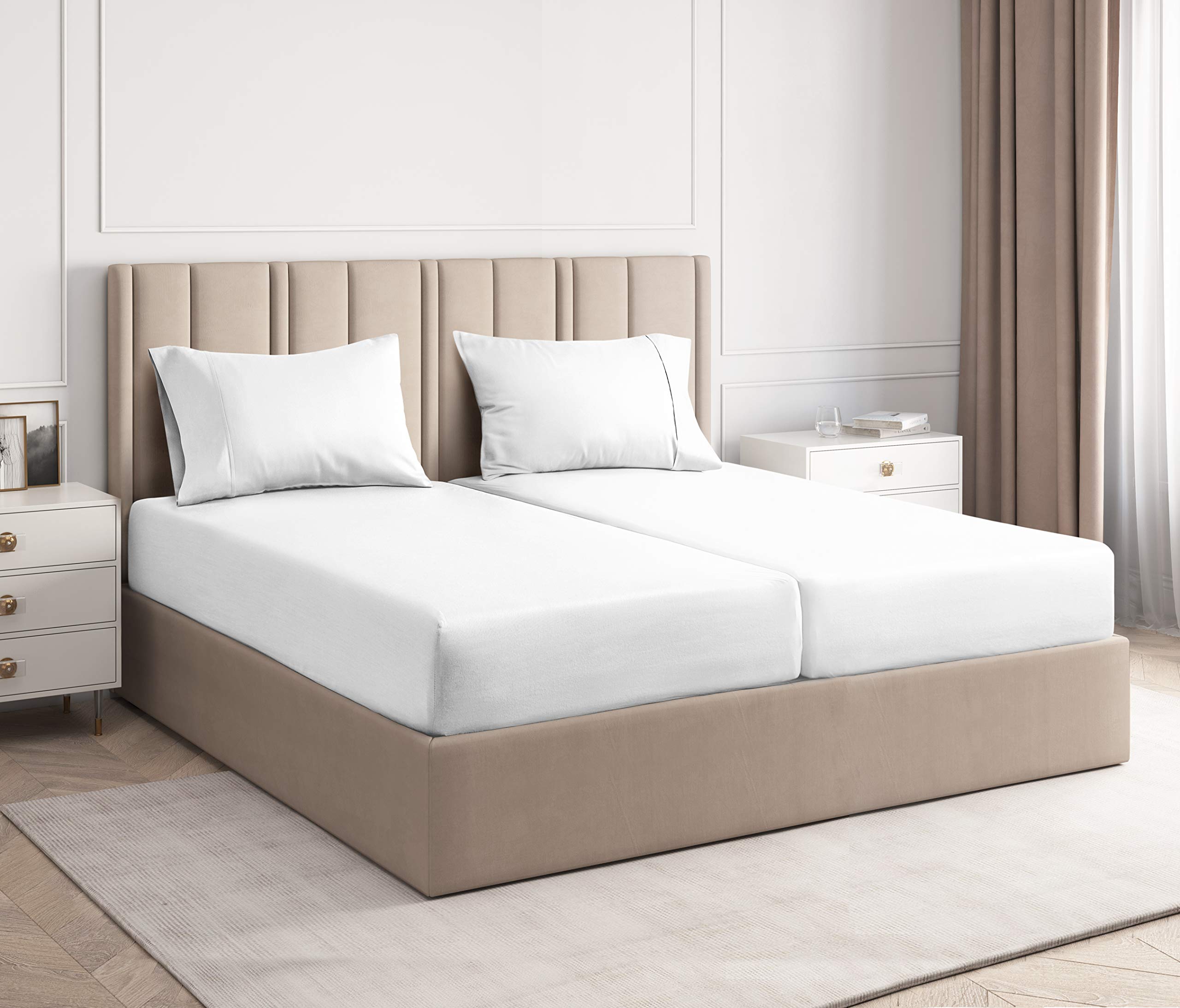 400 Thread Count Cotton Sheet Set - Split King Size 100% Cotton Sheets - Easily Fits 8" to 16" Mattress - Silky-Soft, Wrinkle Free, Breathable, Comfy - Deep Pockets & Hotel Quality Bedding Set - White