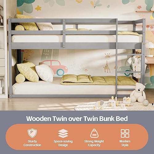 Miniatura 3 de TOLEAD Litera baja individual sobre individual, litera de suelo con escalera, litera individual con barandillas completas, litera de madera para