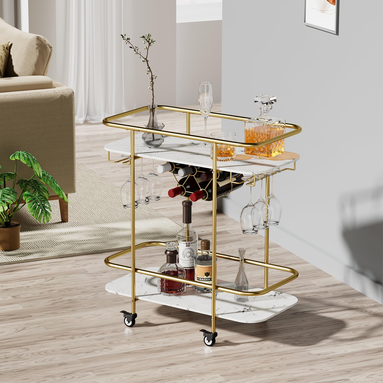 DAWNYIELD2 Tier Mobile Drinks Trolley Bar Serving Cart on Wheels with Wine Rack and Glass Holder Modern Rolling Drinks Storage Trolley for Home Kitchen Party (Gold)