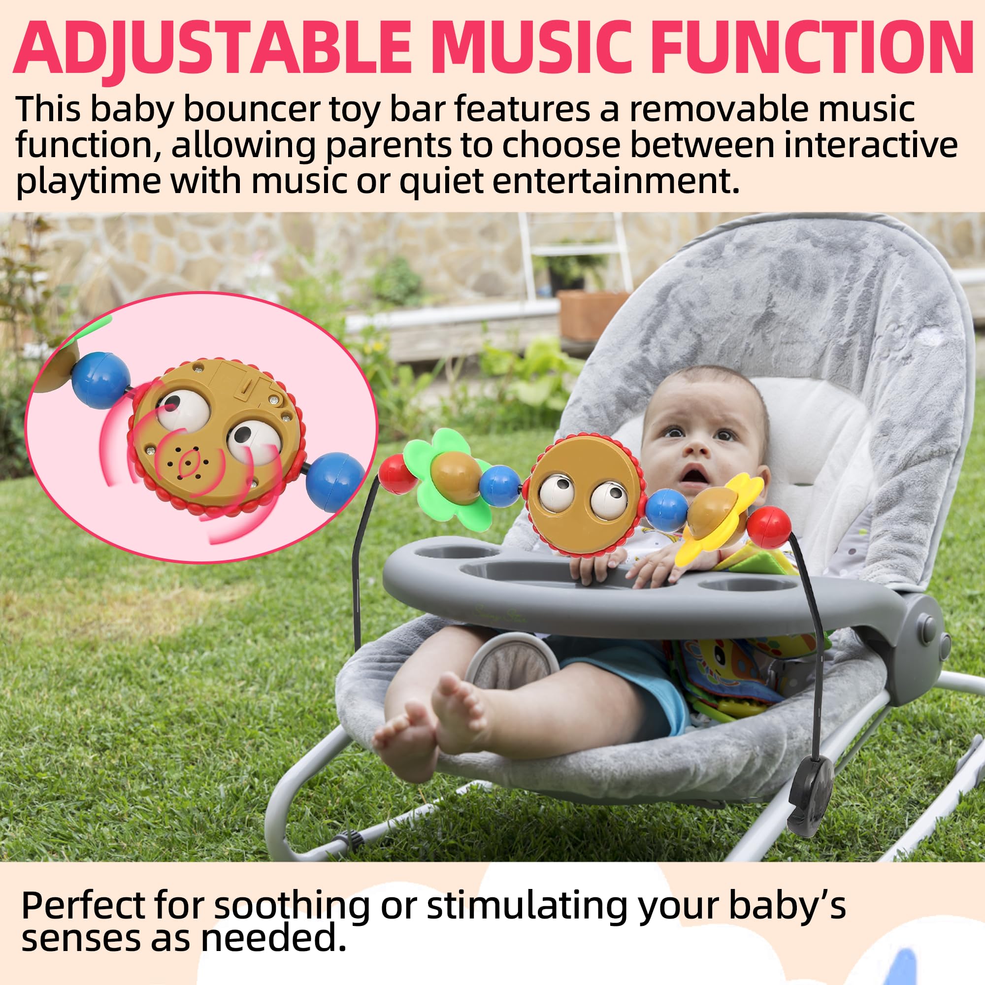 Barra de juguete para gorila de bebé, juguete Googly Eyes reproduce música y bolas hacen sonidos de tintineo, accesorio de juguetes para bebés, fácil de instalar y plástico seguro para 3