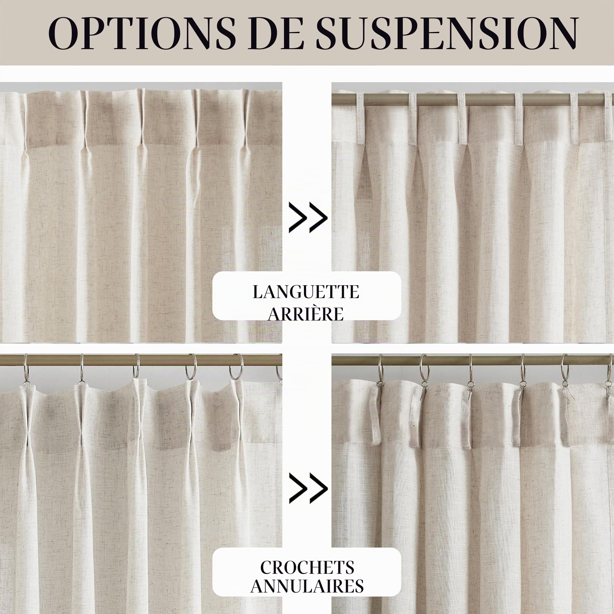 Vision Home Lot de 2 Panneaux de Rideaux Semi-Transparents plissés naturels texturés en Lin mélangé, filtrant la lumière, pour Salon, Chambre à Coucher, Rideaux plissés avec Crochets, 106,7 x 160 cm