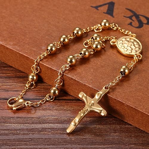 Miniatura 3 de Cupimatch Religious Stainless Steel Beaded Rosary Cross Charm Bracelet for Men Women 8.6", Gold