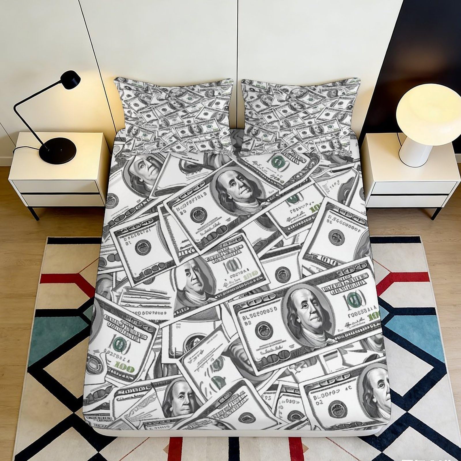 3D Printed Money Stack Fitted Sheet Microfiber Soft Anti-Slip Cash Dollar Pattern Mattress Cover Bedroom Decor 90x200x25cm