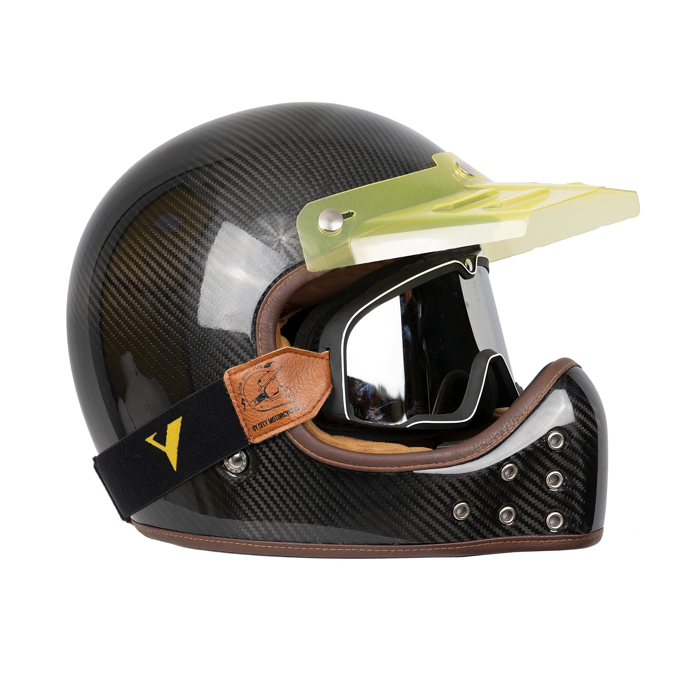BY CITY | Casco Moto The Rock Carbon Black Unisex | Casco Integral de Fibra de Carbono | Sistema de Fijación de Doble Anilla y Ventilaciones | Interior Desmontable y Lavable | Estilo Clásico o Retro