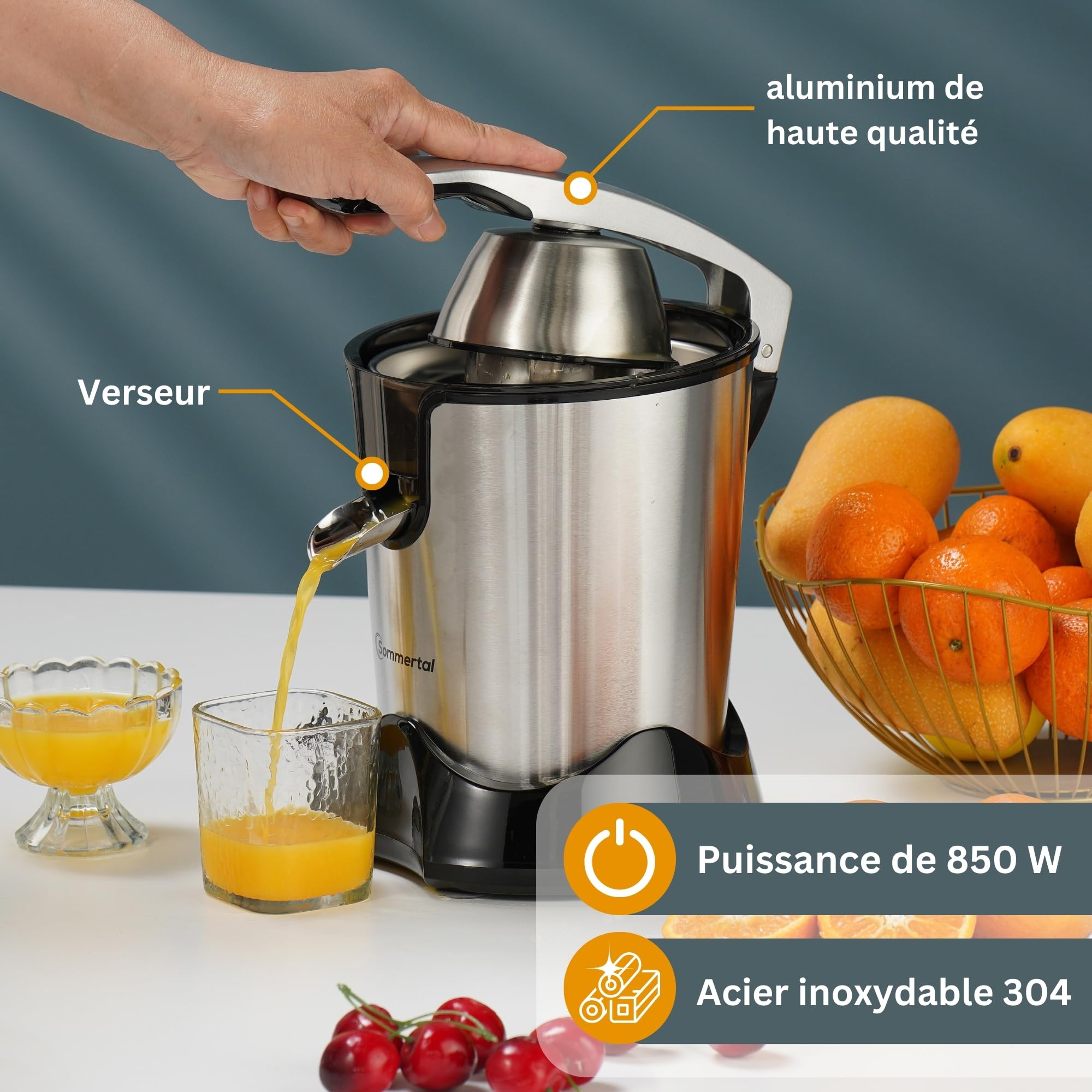 Sommertal CP850 Presse-agrumes électrique, moteur 850 W, haut rendement, en acier inoxydable, sans BPA, récipient à jus de 400 ml, 2 cônes, presse-citron, presse-agrumes, électrique, levier et
