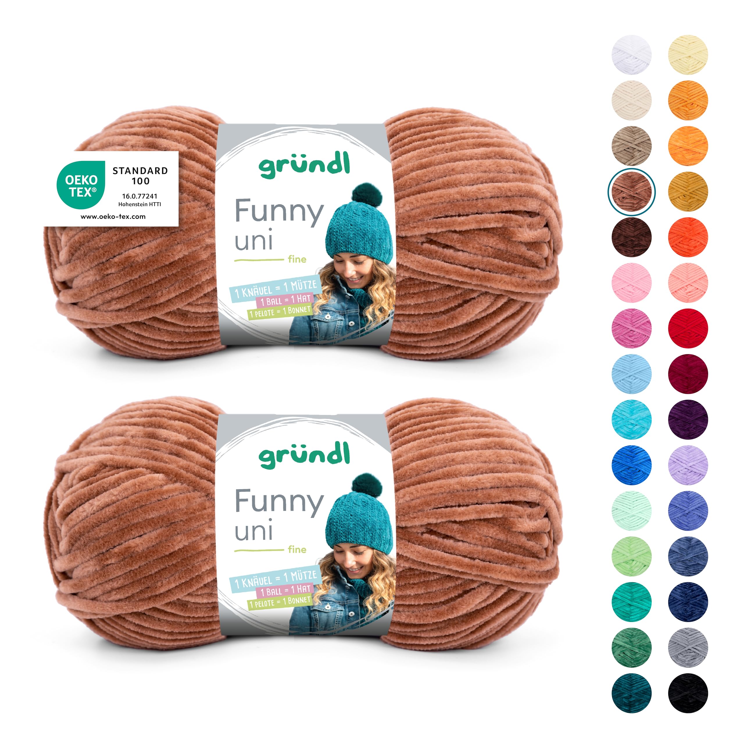Gründl Wolle Funny uni - dicke weiche Chenille Wolle zum Häkeln - Häkelwolle - Strickwolle - Kuschelig und hautfreundlich - 100% Polyester - 2 Knäuel 100 g / 120 m - Nadelstärke 5-6 - Hellbraun
