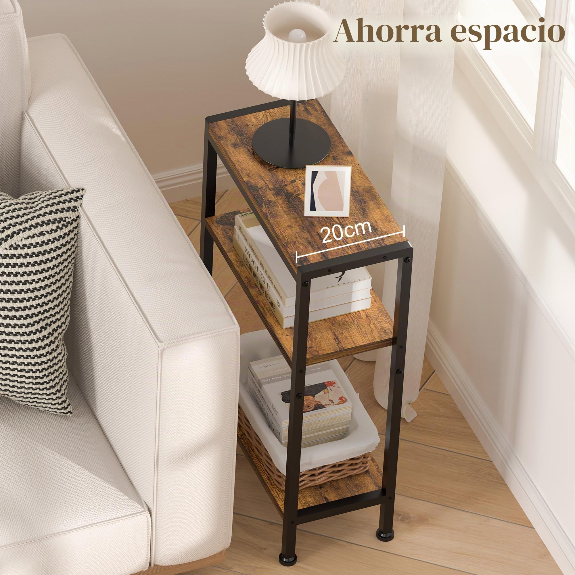 Mesita Auxiliar Estrecha,Madera Mesita noche Mesa Estantes Estrecha con Almacenamiento Mesilla Auxiliar para Sofá Espacios Estrechos Mesa Pequeña Sala Estar Dormitorio Cocina Balcón estudio 3 niveles