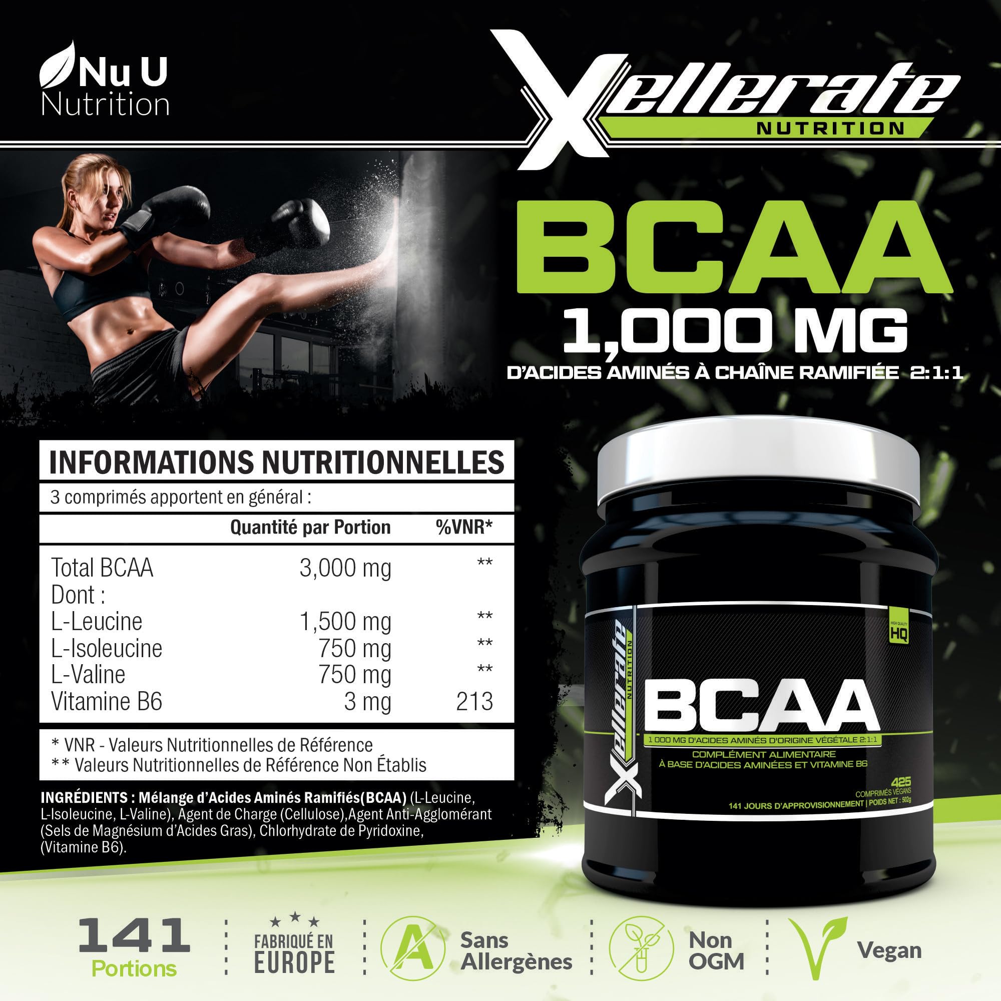 BCAA 2:1:1 3000mg - 425 Comprimés Végan - Acides Aminés à Chaîne Ramifié L-Leucine, L-Isoleucine, L-Valine et Vitamine B6 - Xellerate Nutrition