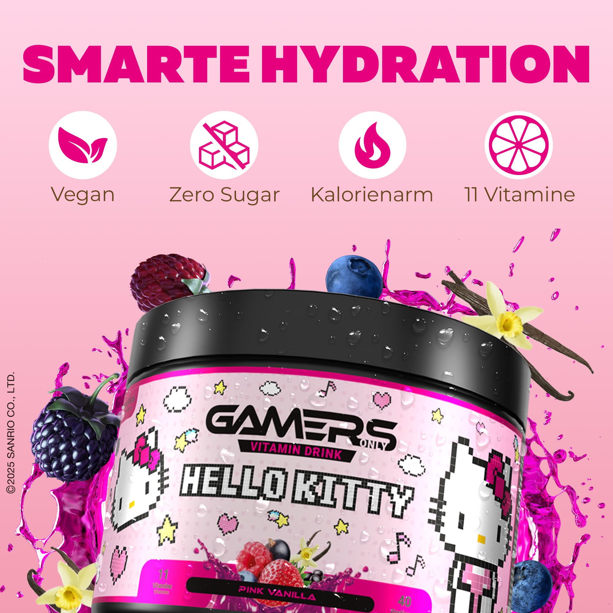 Gamers Only x HELLO KITTY Premium Collector Bundle [MIT 2x VITAMIN DRINK ] - 40 Portionen | inkl. Edelstahlshaker | Erhöht die Konzentration & Reaktionen | 125 MG Koffein & 12 Vitaminen