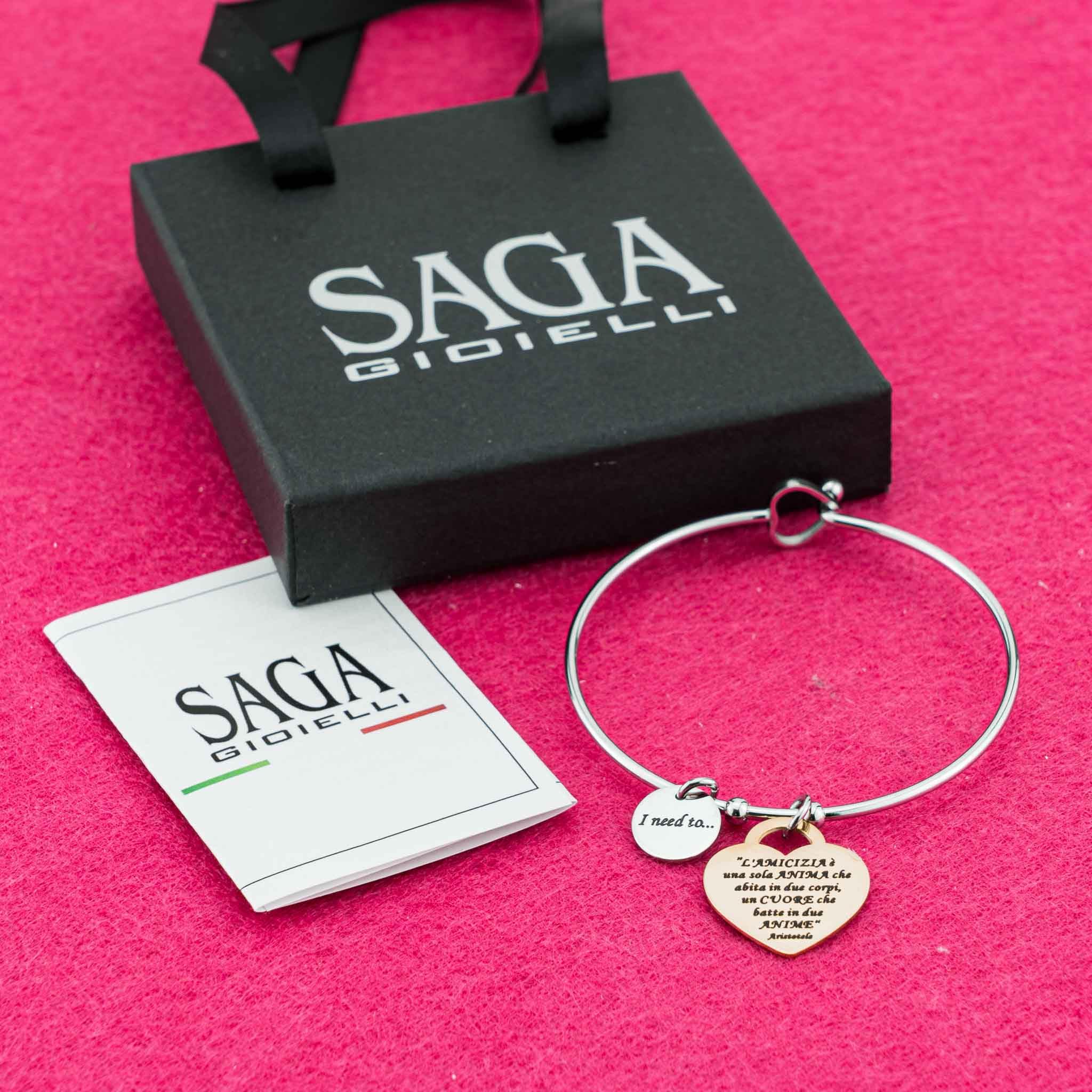 SAGA GIOIELLI BRACCIALE RIGIDO DONNA FRASI PENSIERI PAROLE EMOZIONALE INCISIONE ACCIAIO CUORE ROSE'