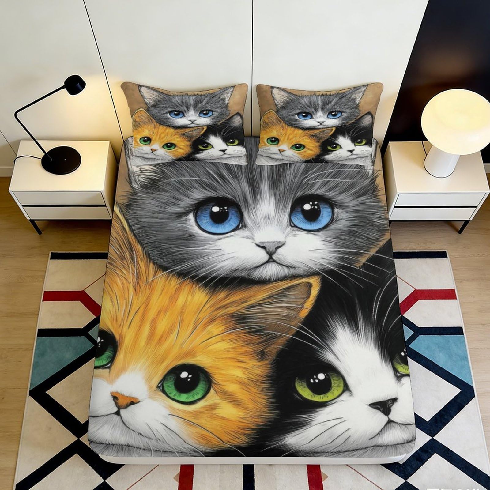 3D Printed Cartoon Cat Fitted Sheet Microfiber Soft Breathable Colorful Kitten Mattress Cover for Bedroom Decor 90x200x25cm