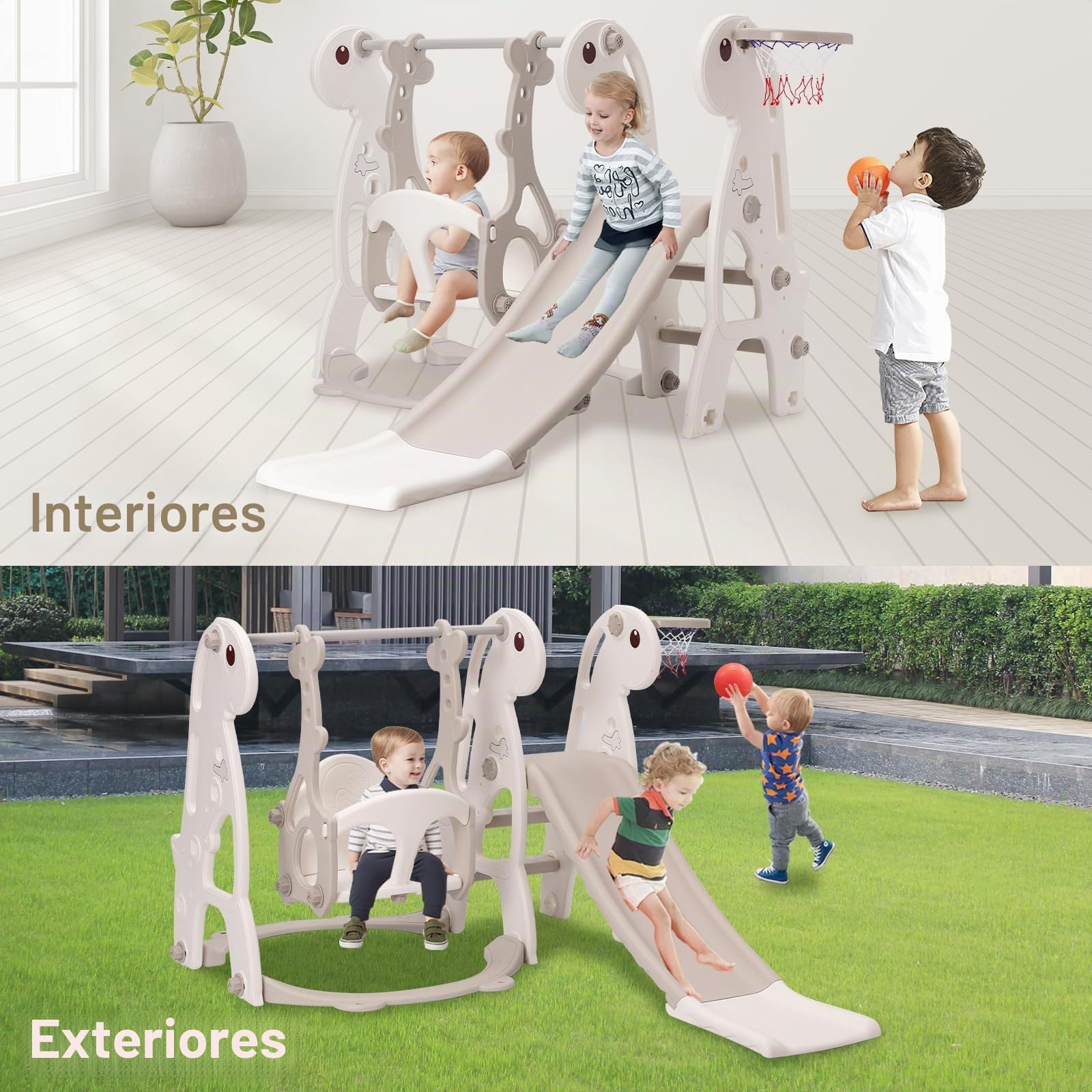 Toboganes Infantiles Exterior e Interior Juego Completo para Niños con Tobogán Canasta de Baloncesto y Columpio Ajustable en Altura (Gris)