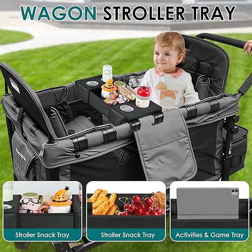 Miniatura 6 de Bandeja de aperitivos para cochecito compatible con vagón de 2 plazas, bandejas plegables con 4 portavasos, bandeja de cuero impermeable con