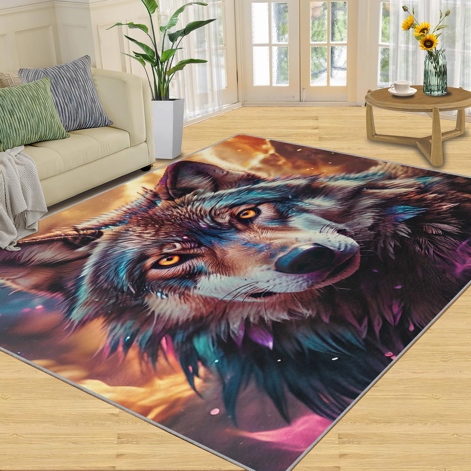 XEODIAT Fierce Colorful Animal Area Rug Color Wolf Art Rugs Non-Slip Floor Mat for Living Room Bedroom Dining Room Farmhouse Laundry Room Bathroom 100 x 150 cm