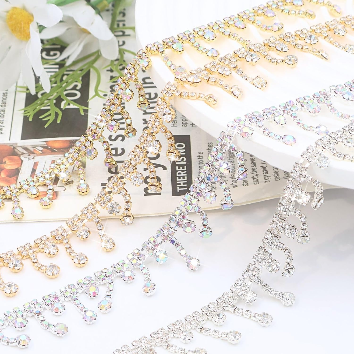 Bijou Joon 1 Yard Gold Rhinestone Trim Chain Crystal Trim Chain Fringe Tassel Straps DIY for Crafts Bridal Sewing Dress Embellishments Wedding Accessories Decorar