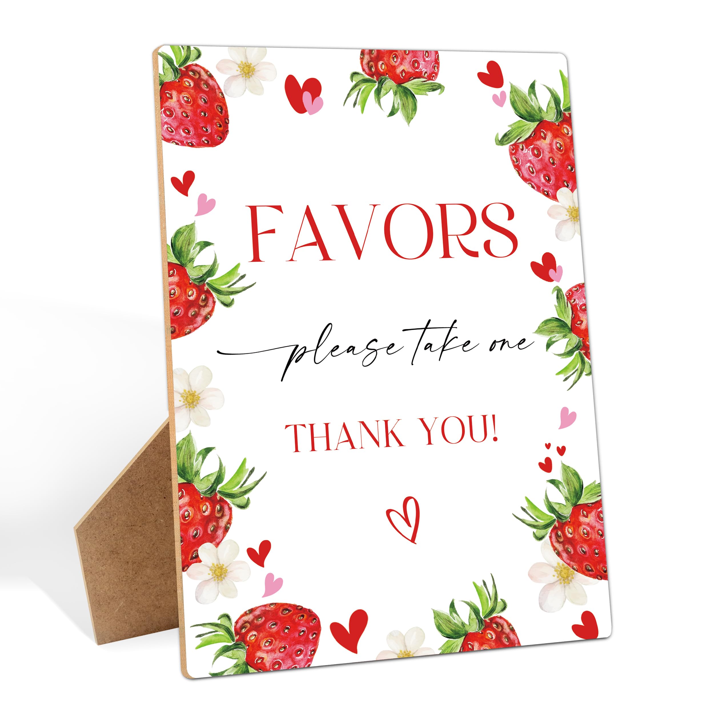 Strawberry Themed Favors Please Take One Sign, 5.6x 7.8 Inch Gift Table Wooden Sign with Stand, Berry Sweet Baby Shower Decorations, Wedding Shower