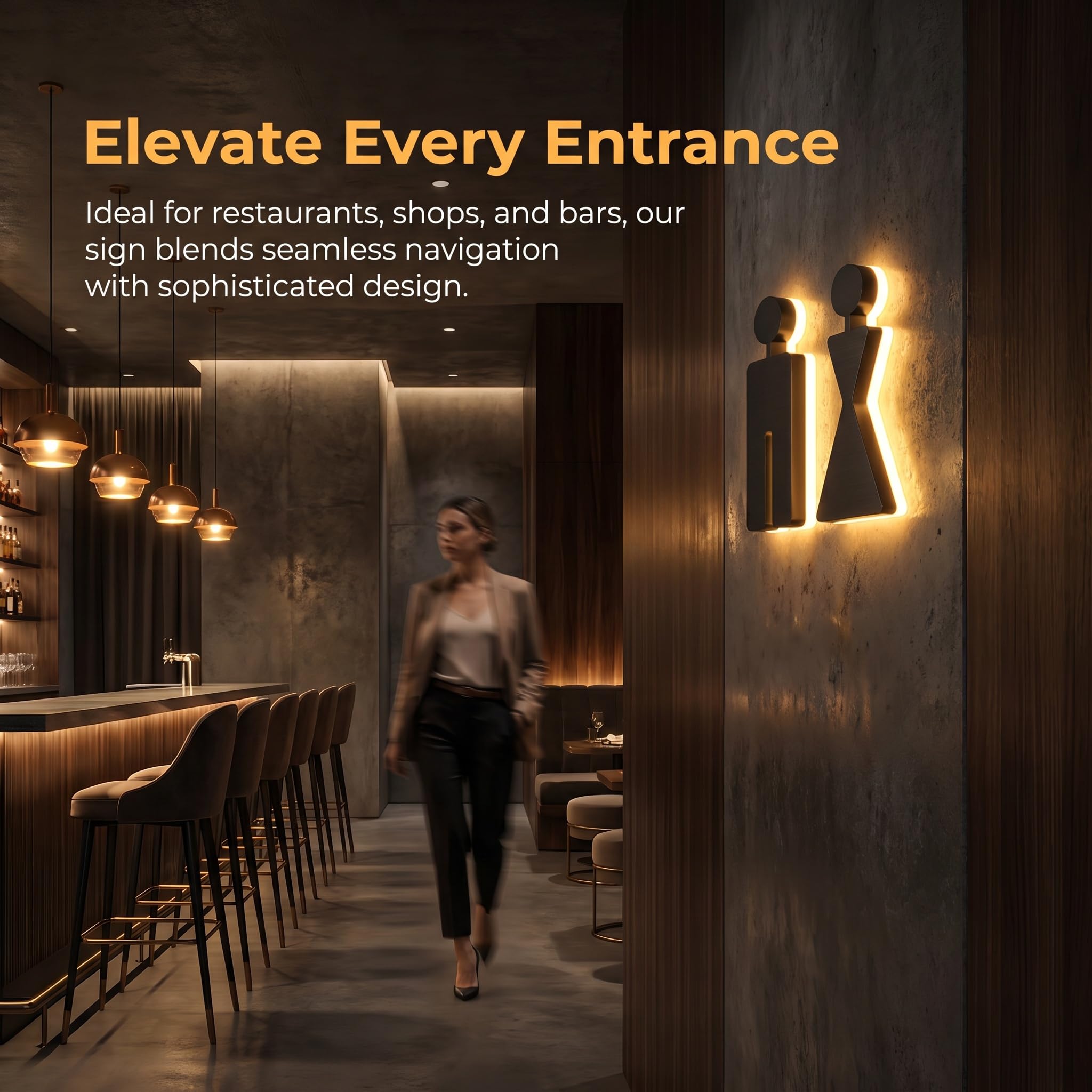 Señal de baño – Identificador de inodoro de acero inoxidable para hombres y mujeres, soporte de pared iluminado para hoteles, oficinas, restaurantes y espacios públicos