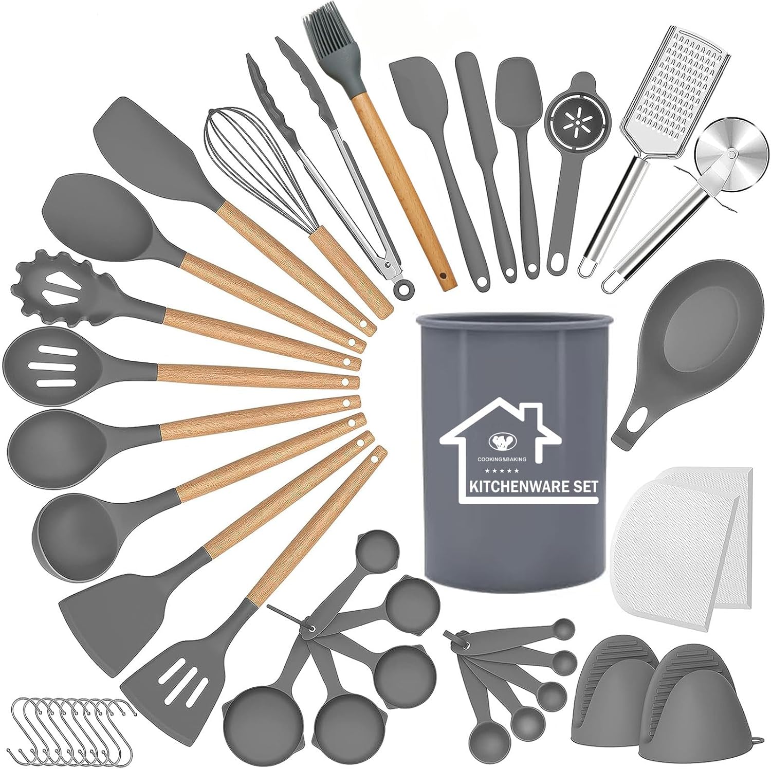 UXIYI Silicone Kitchen Utensils Set, 43pcs Silicone Kitchen Cooking Utensil Set, Kitchen Tools Spatula Set with Holder for Cooking Nonstick,Grey UXIYI Silicone Kitchen Utensils Set, 43pcs Silicone Kitchen Cooking Utensil Set, Kitchen Tools Spatula Set with Holder for Cooking Nonstick,Grey