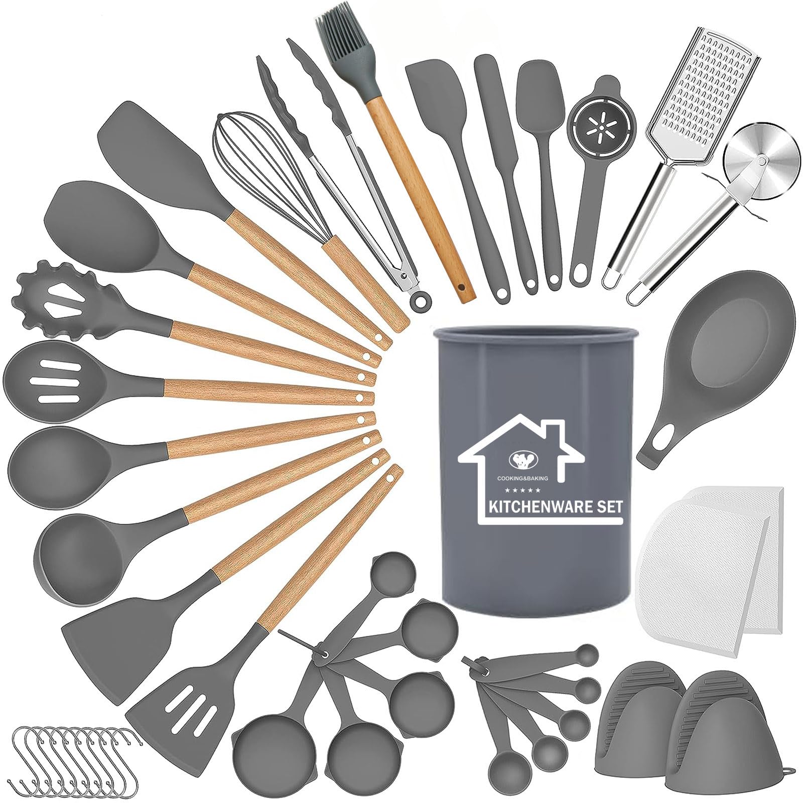 Juego de Utensilios de Cocina de Silicona, Juego de Utensilios de Cocina de Silicona de 43 Piezas, Juego de espátulas para Utensilios de Cocina con Soporte para cocinar Antiadherente,Gris