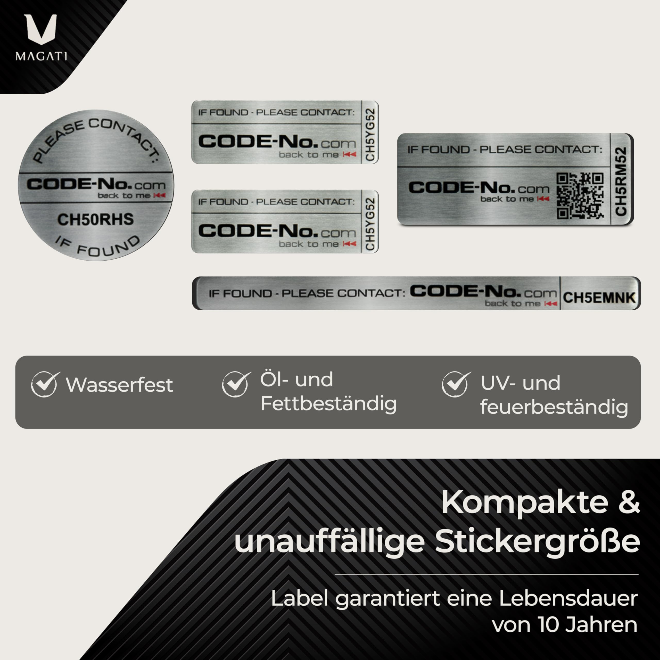 MAGATI CODE24 Aluminium 5er-Mix Diebstahlschutzlabel (3 Jahre/Silber) – Individuelles, stark haftendes Code Label für Wertgegenstände – Mit sicherem Lost- & Foundservice CODE24