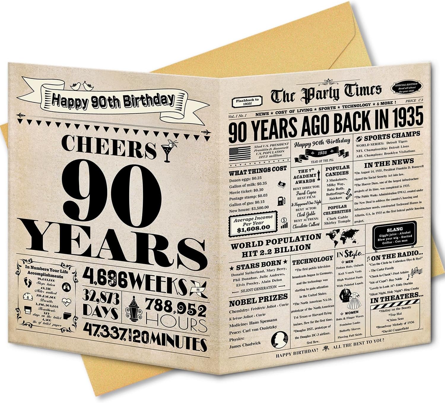 Zyulin 90th Birthday Card for Men Women, Retro Birthday