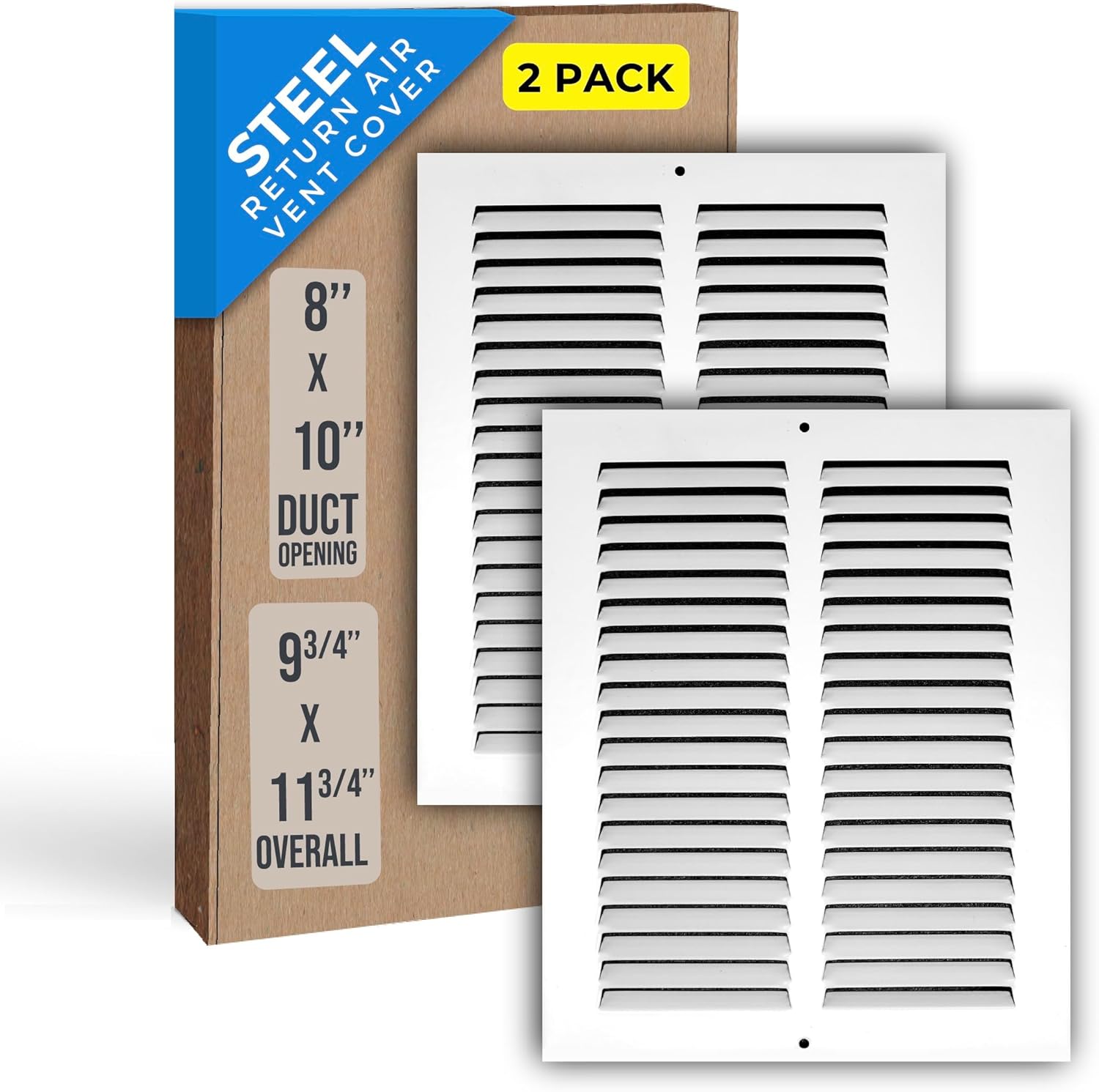 White Steel 8x10 Duct Opening Return Air Grille, 2 Pack