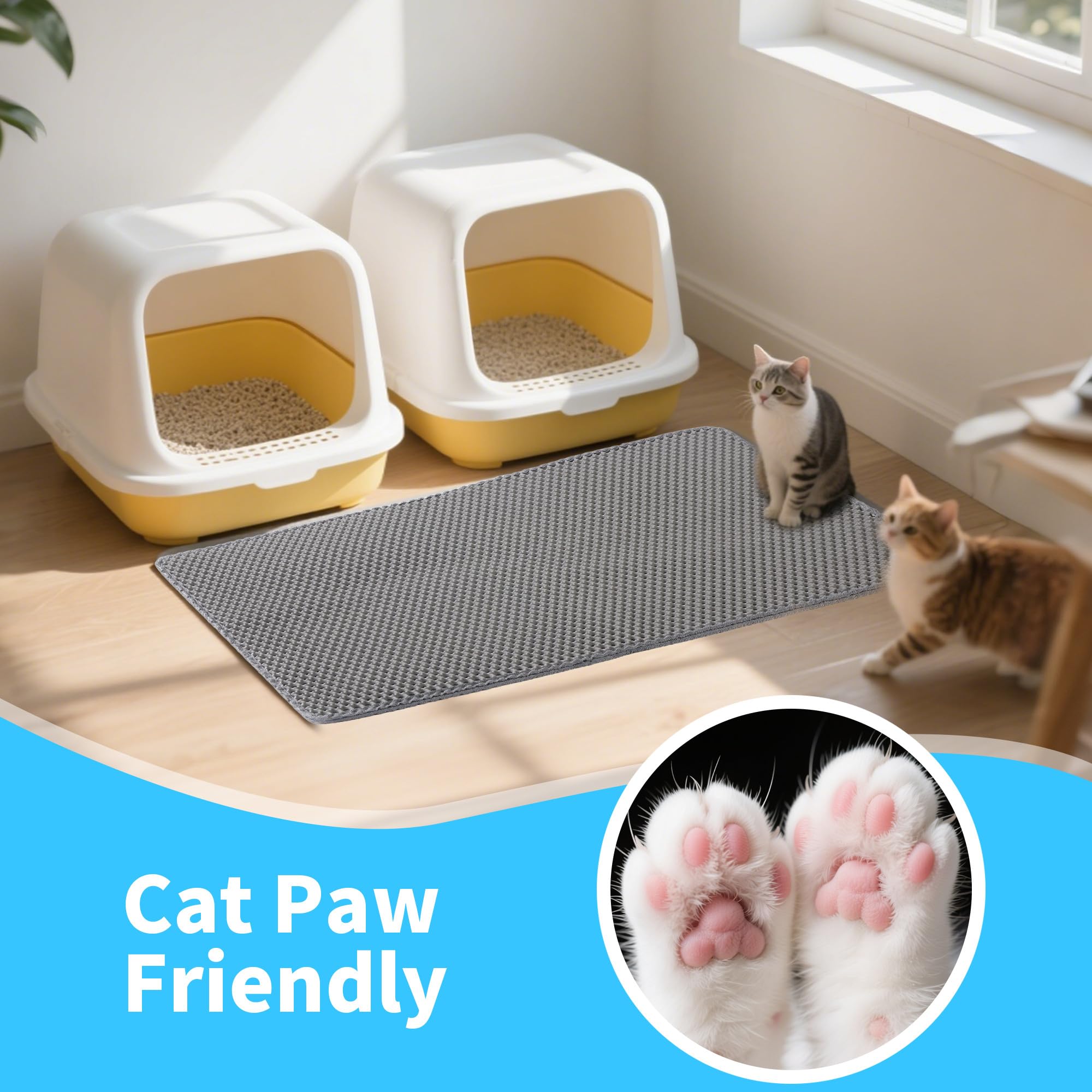 BUCOMTU Tappetino Lettiera, 75X 55 cm Tappeto per Lettiera Gatto Doppio Strato Antiscivolo, Tappeto Gatto Impermeabileda-Raccoglie Efficacemente la Sabbia, Facile da Pulire, Grigio