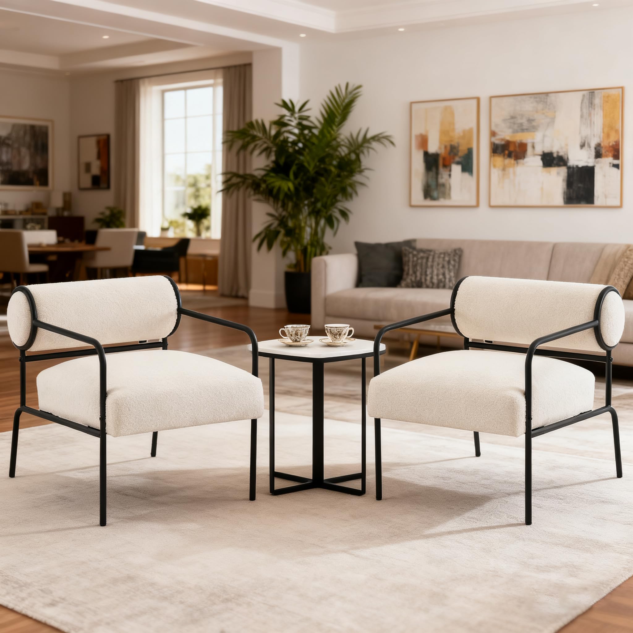 Mingone Sessel Weiß Cocktailsessel Modern Loungesessel Ohrensessel Lammwolle mit Schwarz Metallbeinen für Wohnzimmer Schlafzimmer bis 120kg