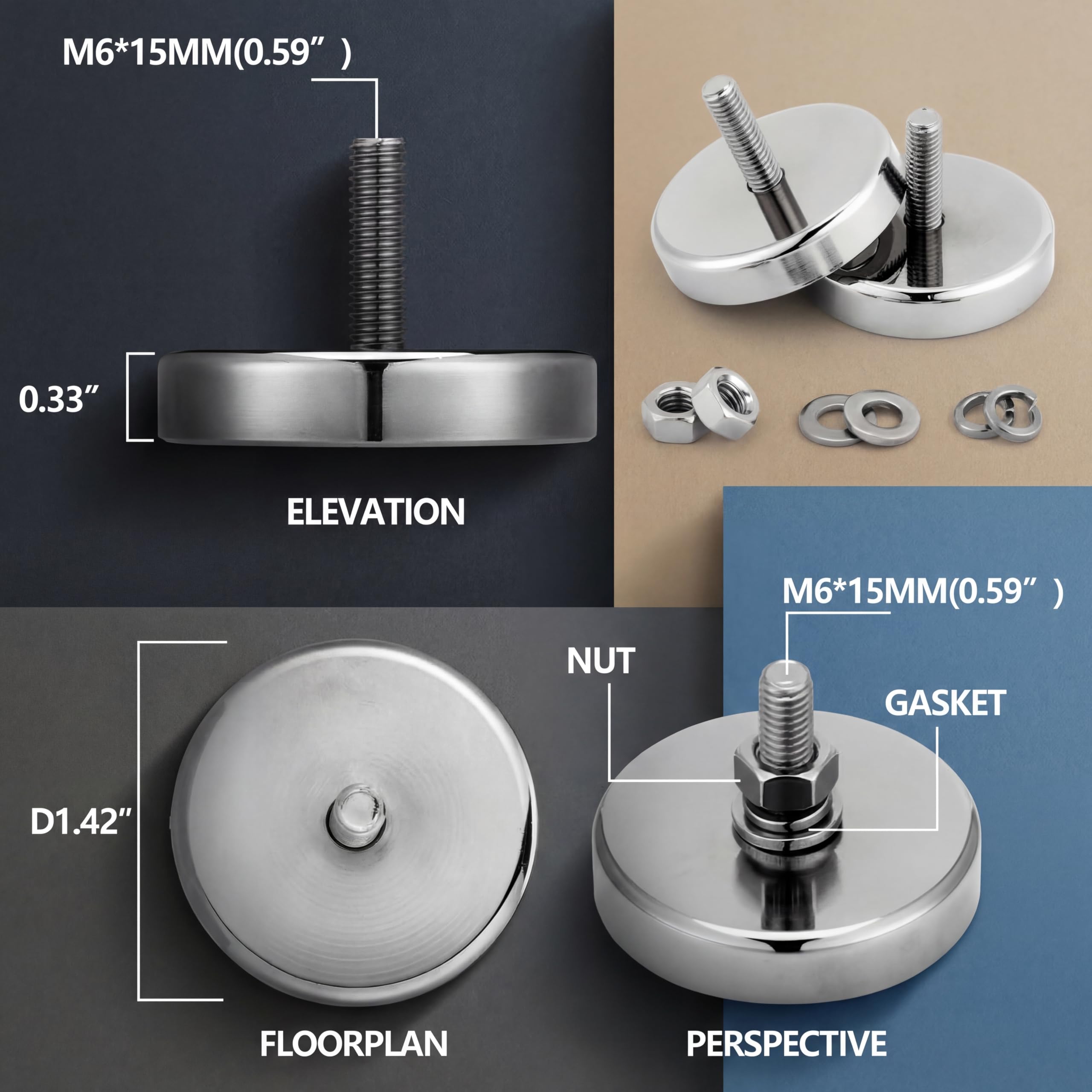 Therwen 10 Pack 150 lb Magnet with Threaded Stud, 1.42 In-90lb-m6, Silver — Amazon image 2