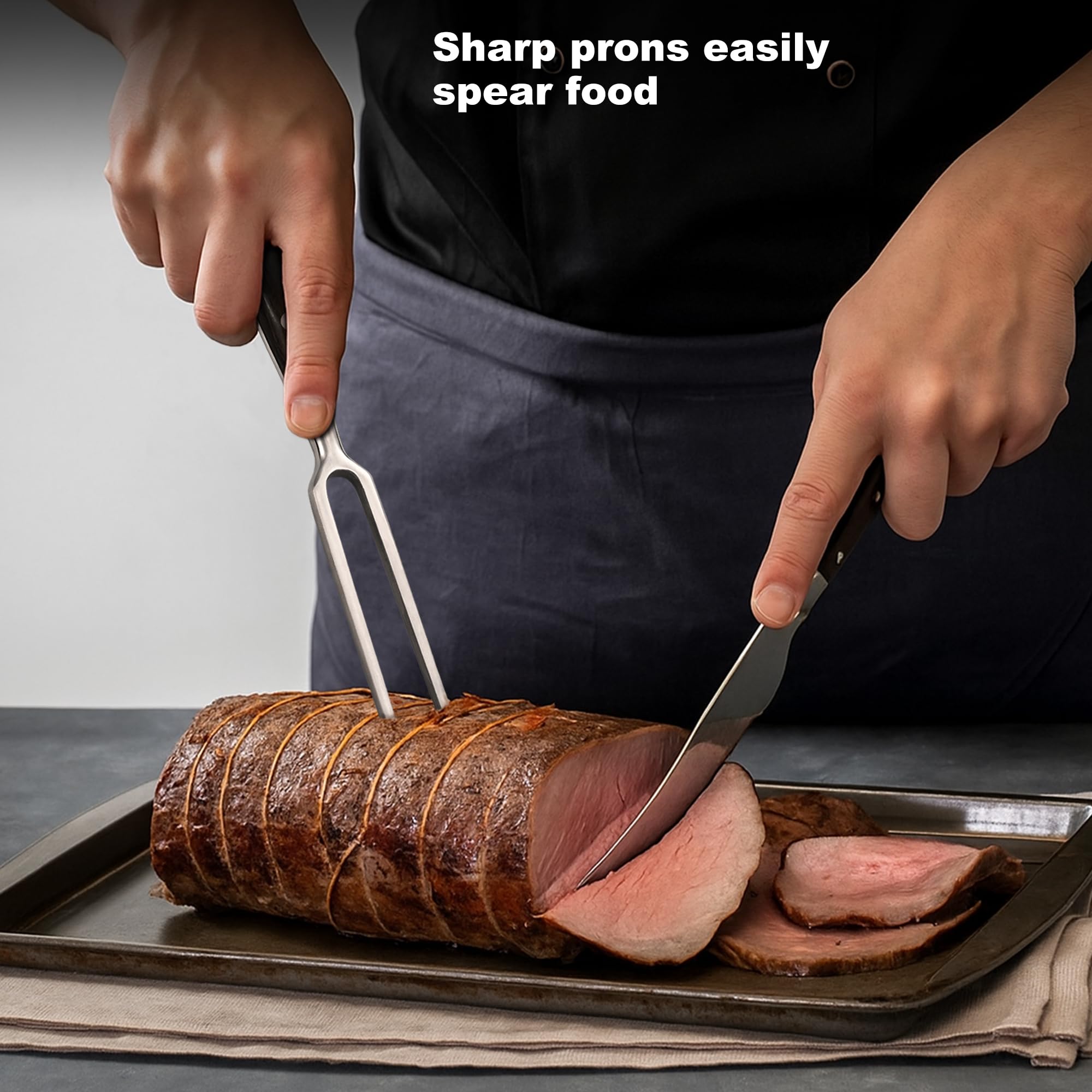 Grande fourchette à viande avec poignée en bois, 30 cm en acier inoxydable à deux dents pour la cuisson de la viande, kitcen, barbecue, poulet, dinde, bœuf, noir