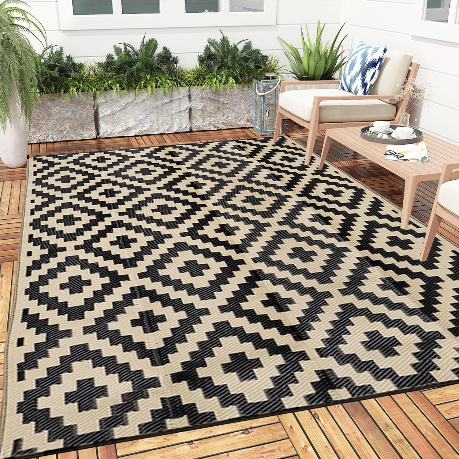 XQKXHZ Reversible Outdoor Rug Waterproof Garden Rug Large Plastic Straw Patio Rug Durable & Portable Indoor Outdoor Area Rug for Deck Beach Camping Picnic Blanket,Black Beige,6x9ft/180x270cm