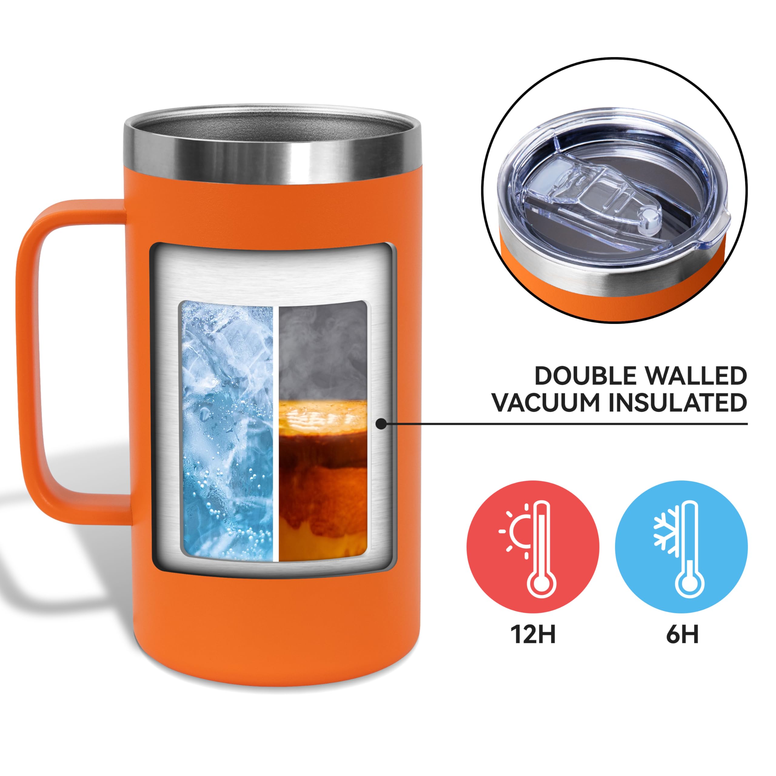 DOMICARE Taza de café de acero inoxidable de 24 onzas con asa y tapa, taza de viaje con asa, vaso de café al vacío de doble pared, taza aislada reutilizable, naranja, paquete de 8
