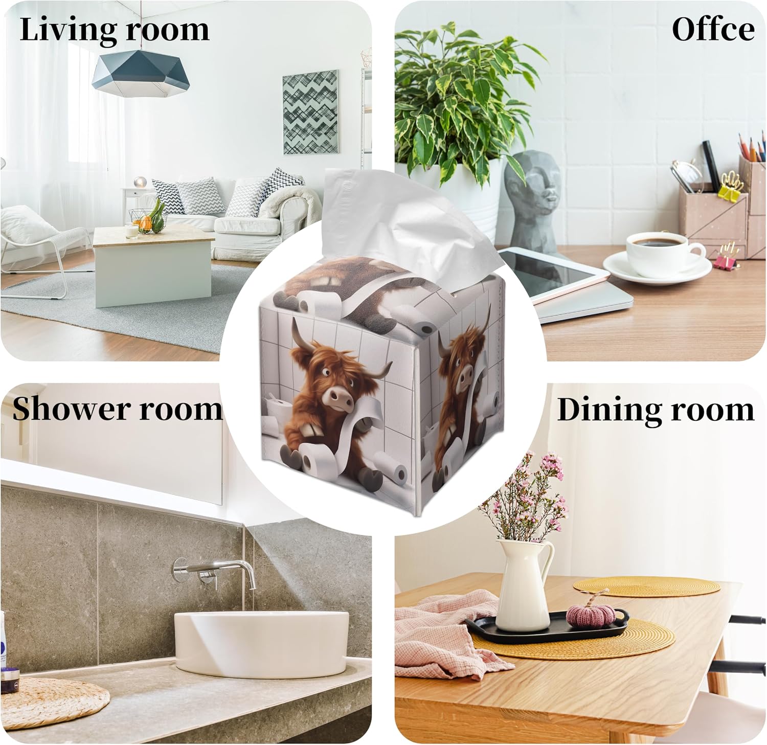 Grace Yonks Cute Highland Cow Tissue Box Cover Square, Toilet Paper Cube Case for Facial Tissues, 5.2" PU Leather(065)