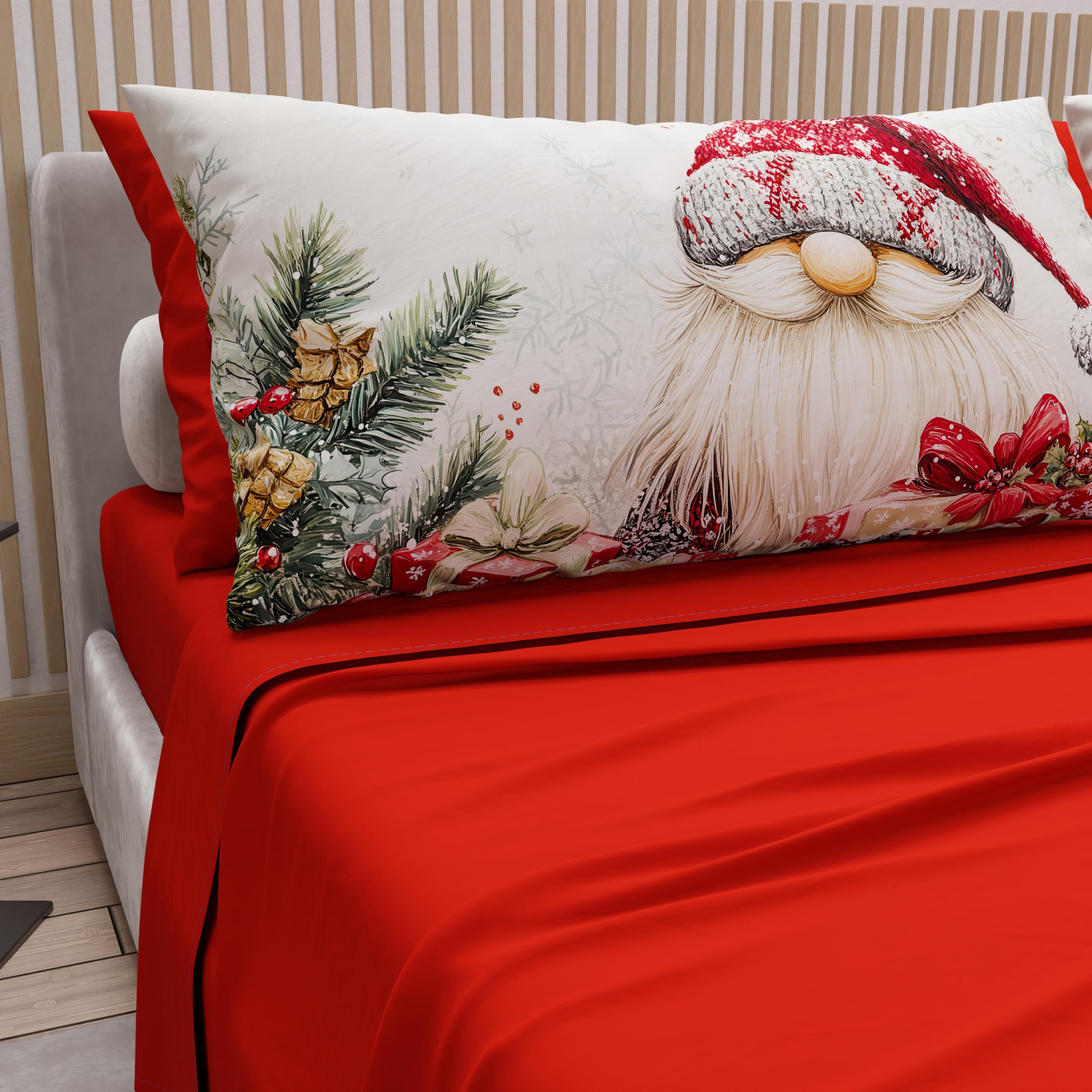 PETTI ARTIGIANI ITALIANI – Juego de Sábanas de Algodón con Fundas de Almohada de Navidad, 2 Plazas Maxi, Xmas 13 Rojo, Completo Cama Matrimonial Grande, 100% Made in Italy
