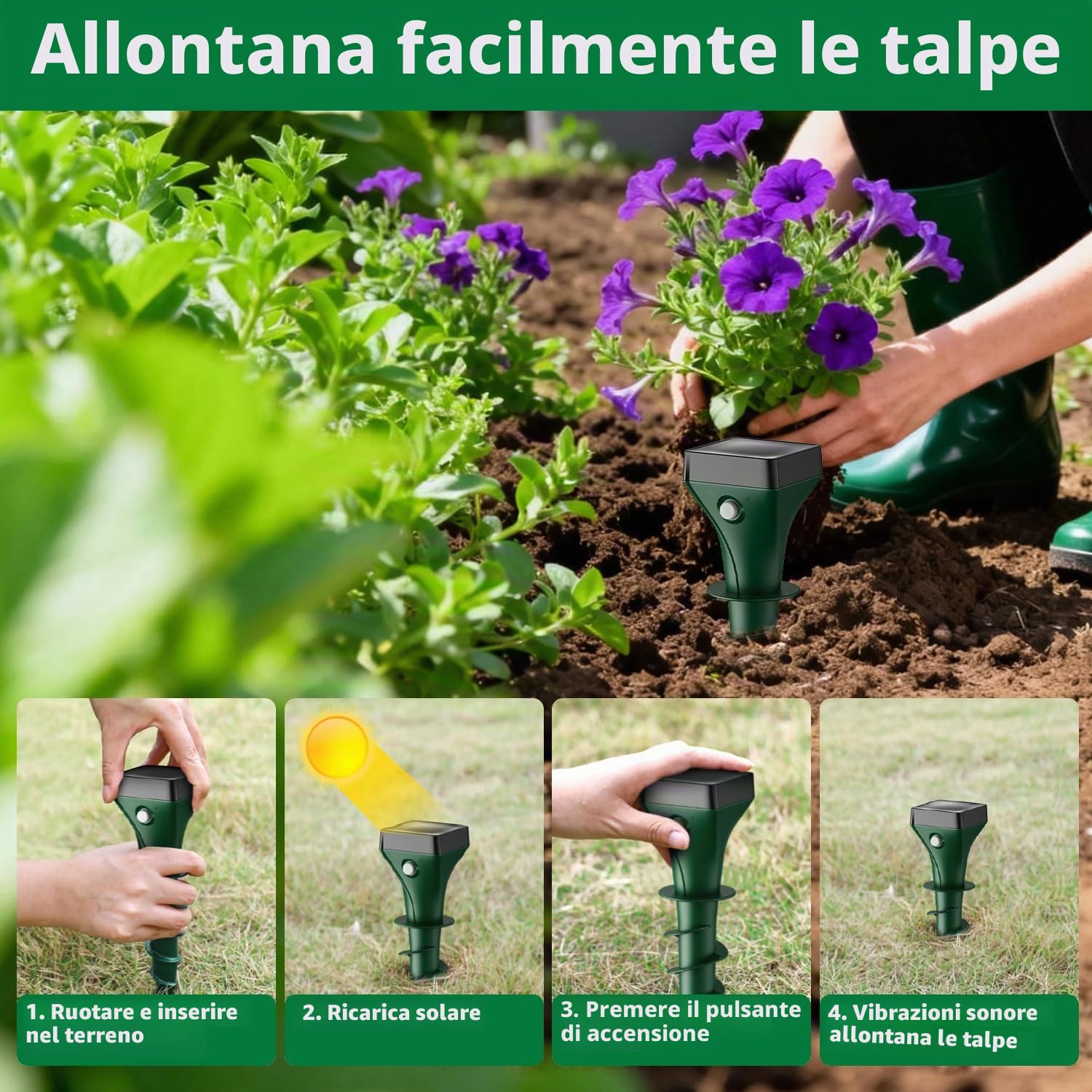 Keero Dissuasori per Talpe 4 Pezzi, Dissuasori per Topi, Repellente per Talpe, Ultrasuoni per Talpe, Dissuasori per Serpenti, Dissuasore Solare per Giardino e Campeggioi-Verde