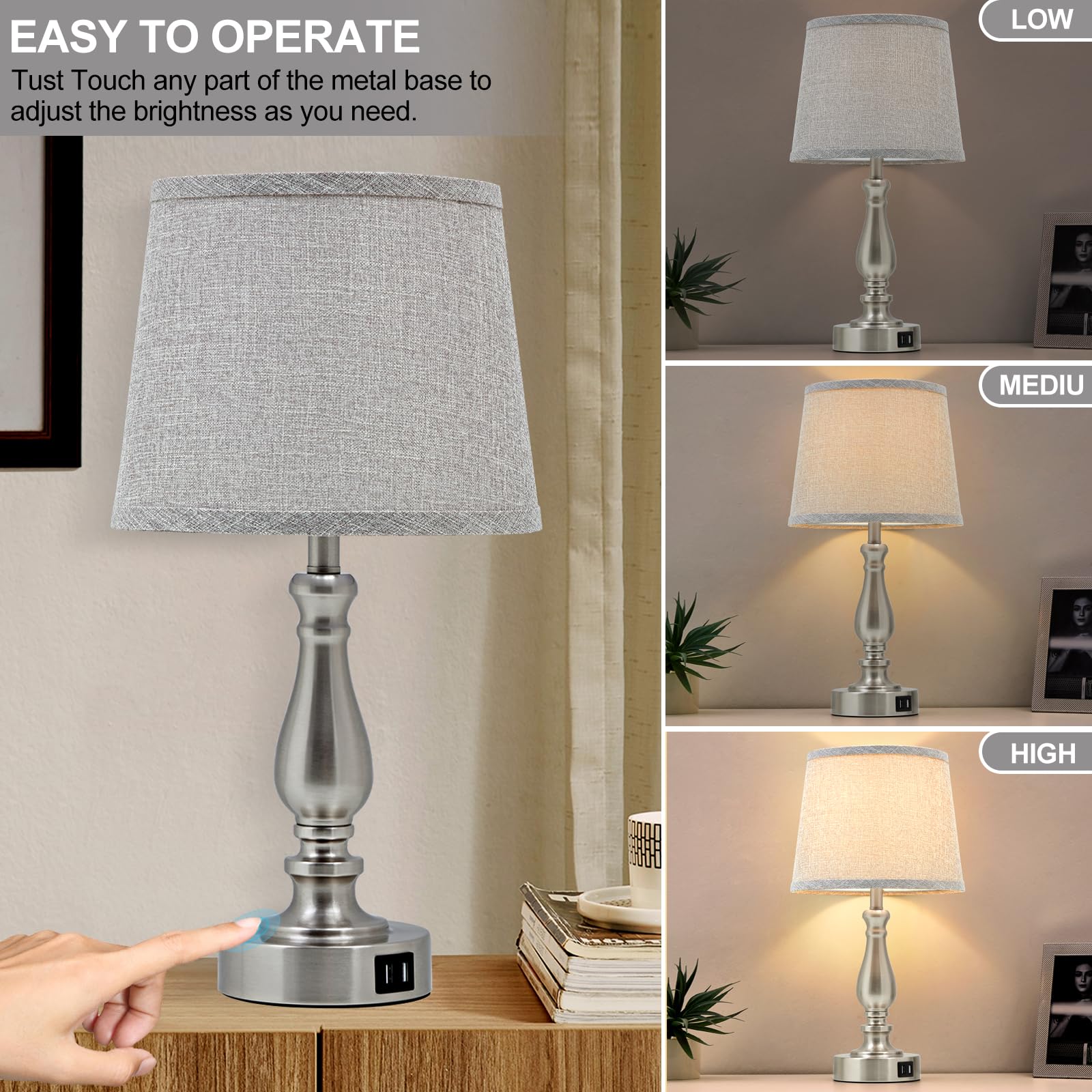 EJIAXIN Nachttisch Tischlampen für Schlafzimmer 2er Set, Touch Nachttischlampen mit Dual USB-Anschlüssen, 3 Wege Dimmbar Schlafzimmerlampen für Beistelltische, Moderne Nachttischlampen für Wohnzimmer