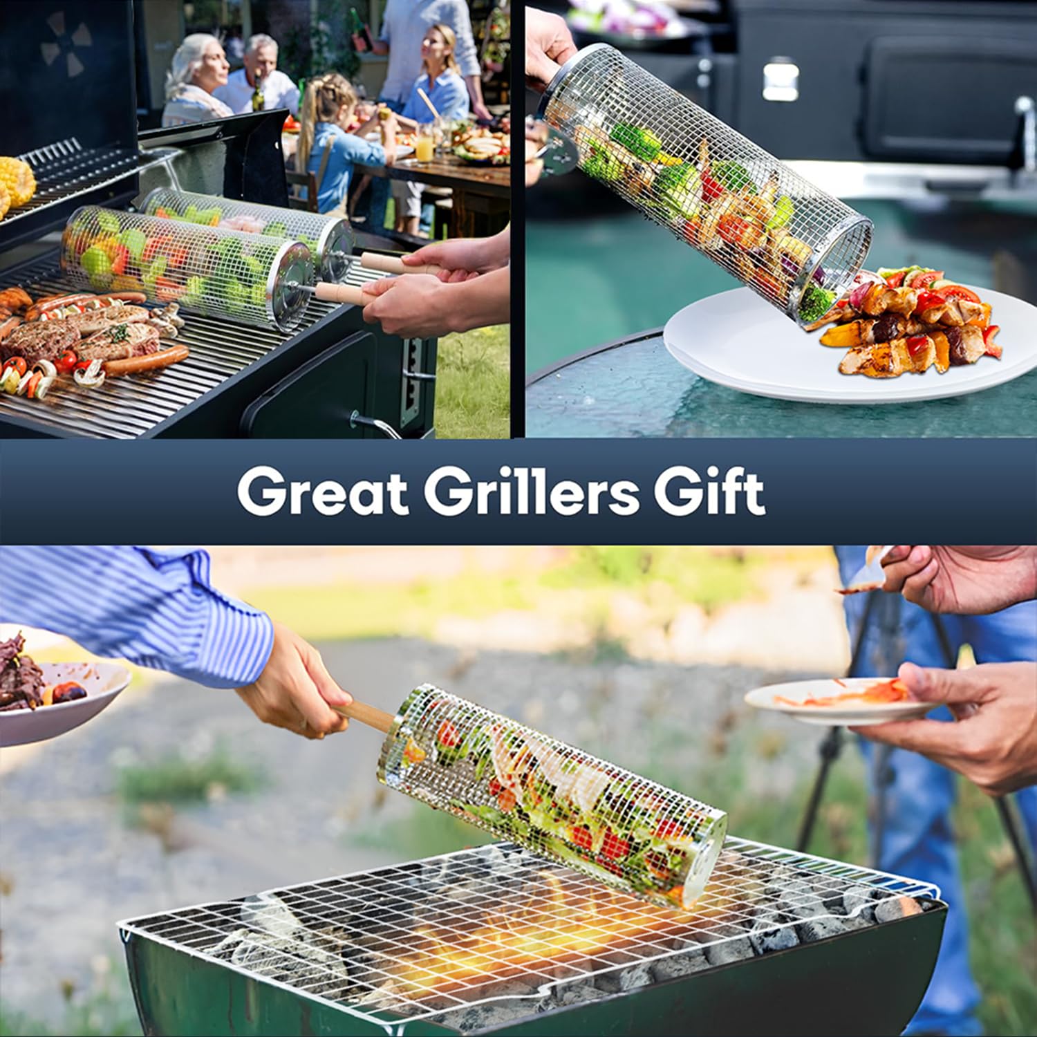 Grillkorb Edelstahl 2-teilig - Rotierender Grillkorb Für Gemüse & Fleisch