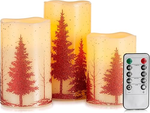 Romadedi Velas sin llama con temporizador de Navidad Decoración de velas LED a pilas, control remoto rojo, parpadeante, realista, juego de 3