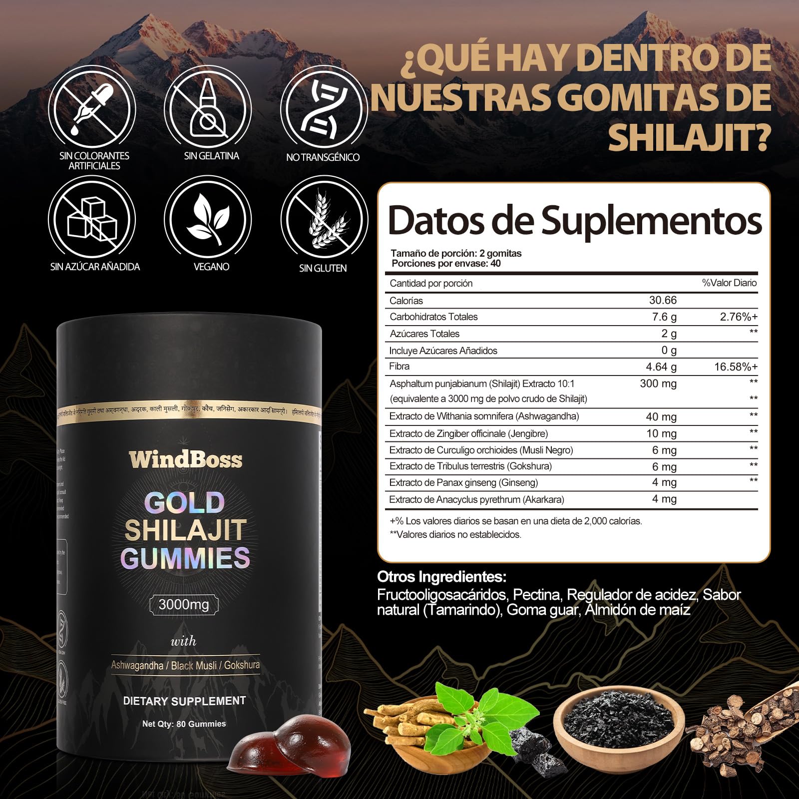 WindBoss Gold Shilajit Gummies del Himalaya en Gominolas – Con Ashwagandha, Gokshura, – Apoyo al Sistema Inmunitario y Equilibrio del Estrés – 80 Gominolas